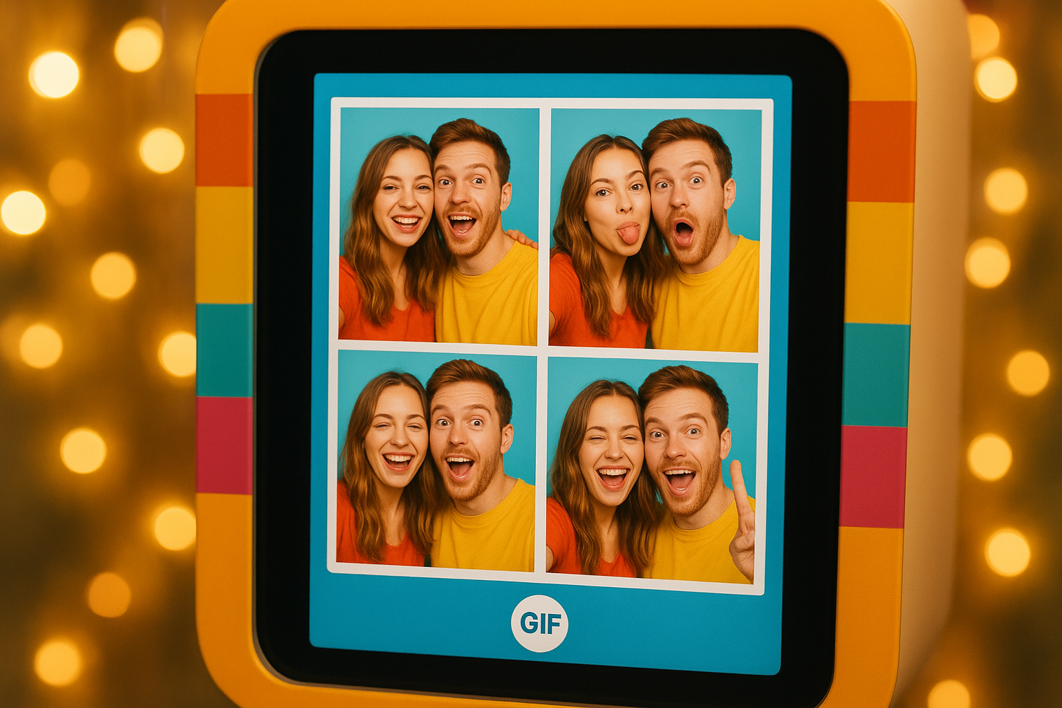 GIF capture screen inside a rented photo booth showing animated photo frames