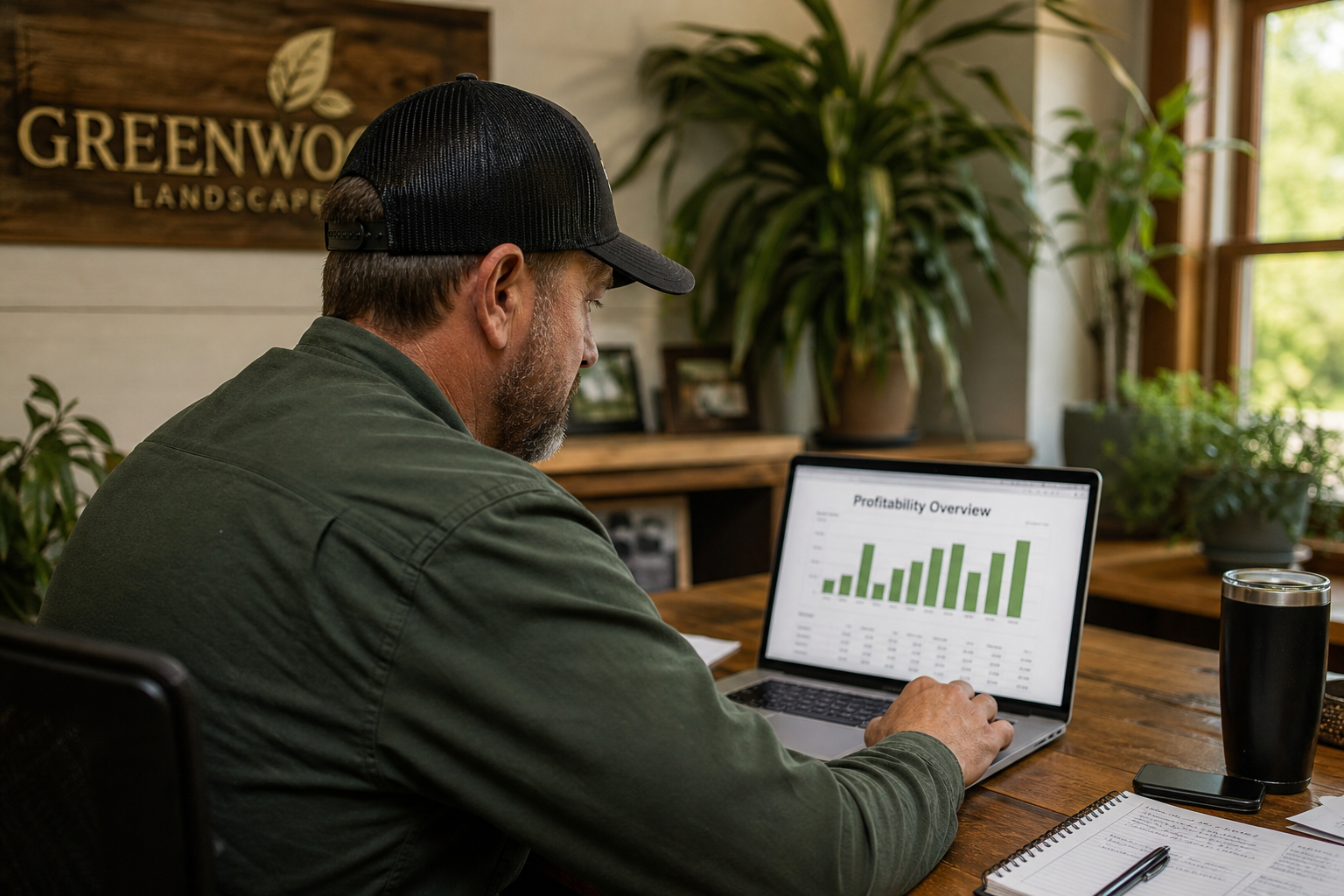 Landscape company owner reviewing a job profitability report on a laptop