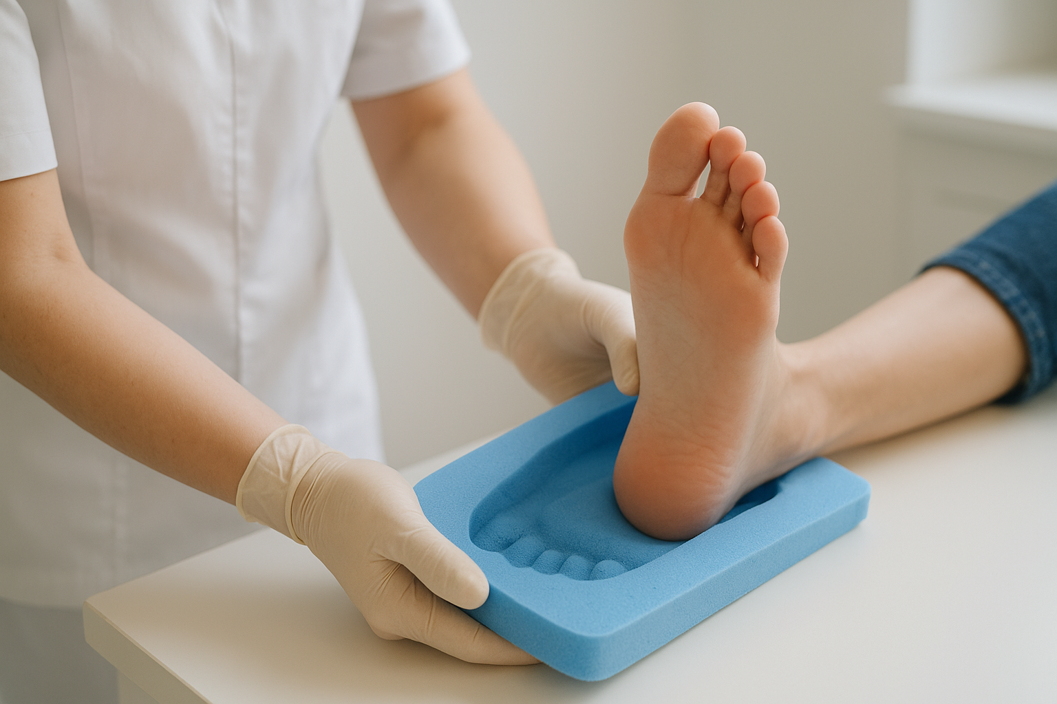 Podiatrist creating a foot mold for custom arch support inserts