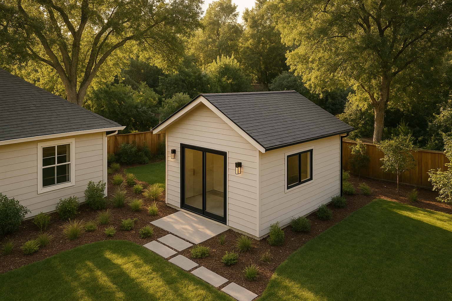 Aerial view of a detached accessory dwelling unit in a suburban backyard showing the scale and placement relative to the main home