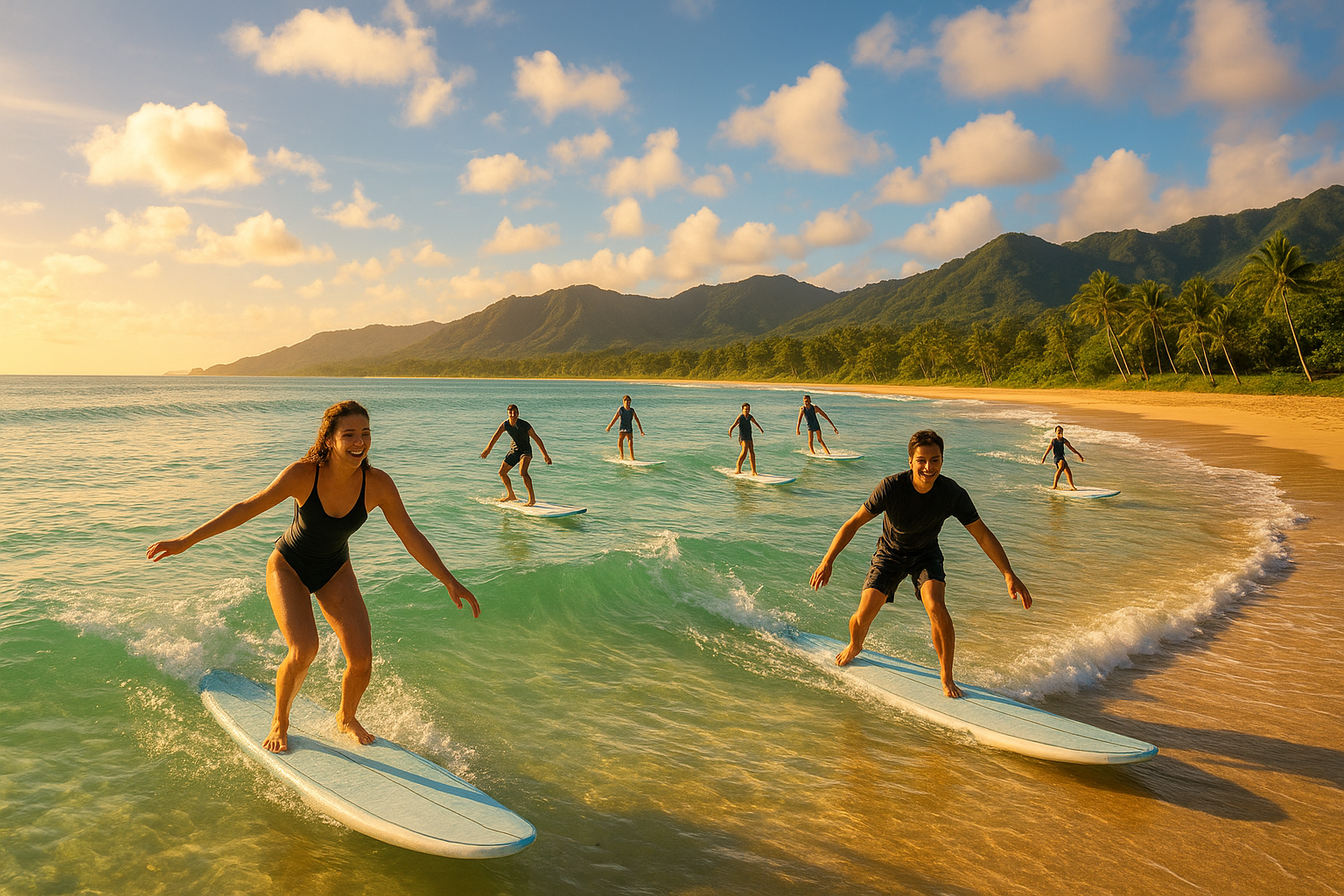 Beginner surf lessons on Oahu Hawaii with students riding gentle waves at Waikiki Beach