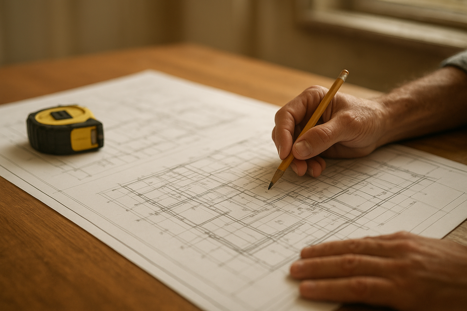 Architect reviewing an ADU floor plan blueprint on a wooden table