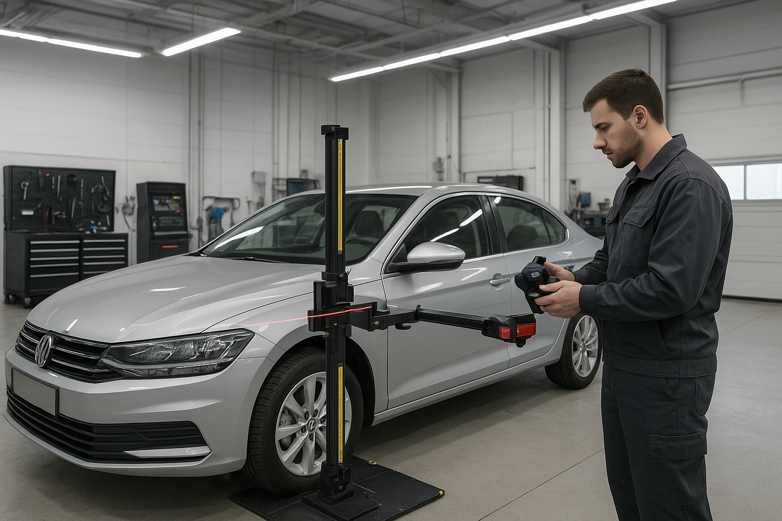 Automotive technician using laser measuring system to diagnose structural and frame damage on a vehicle after a collision