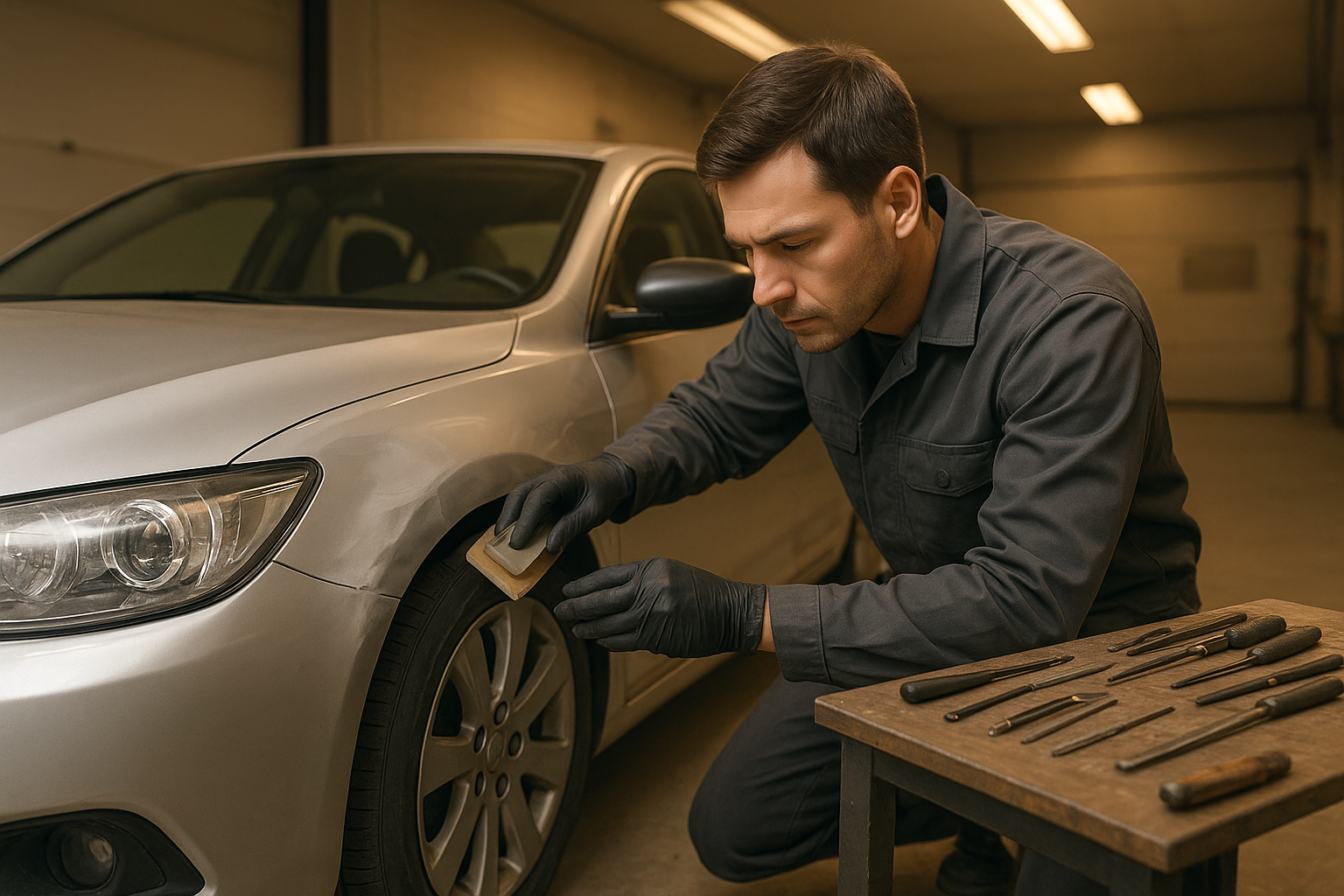Technician performing foreign vehicle body repair on a dented import car fender