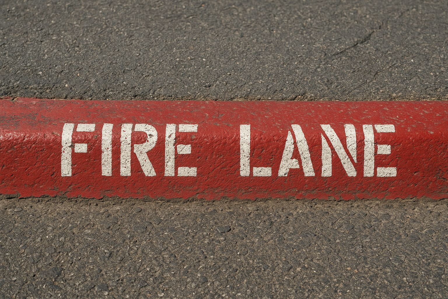 Red fire lane curb marking on a Denton commercial parking lot