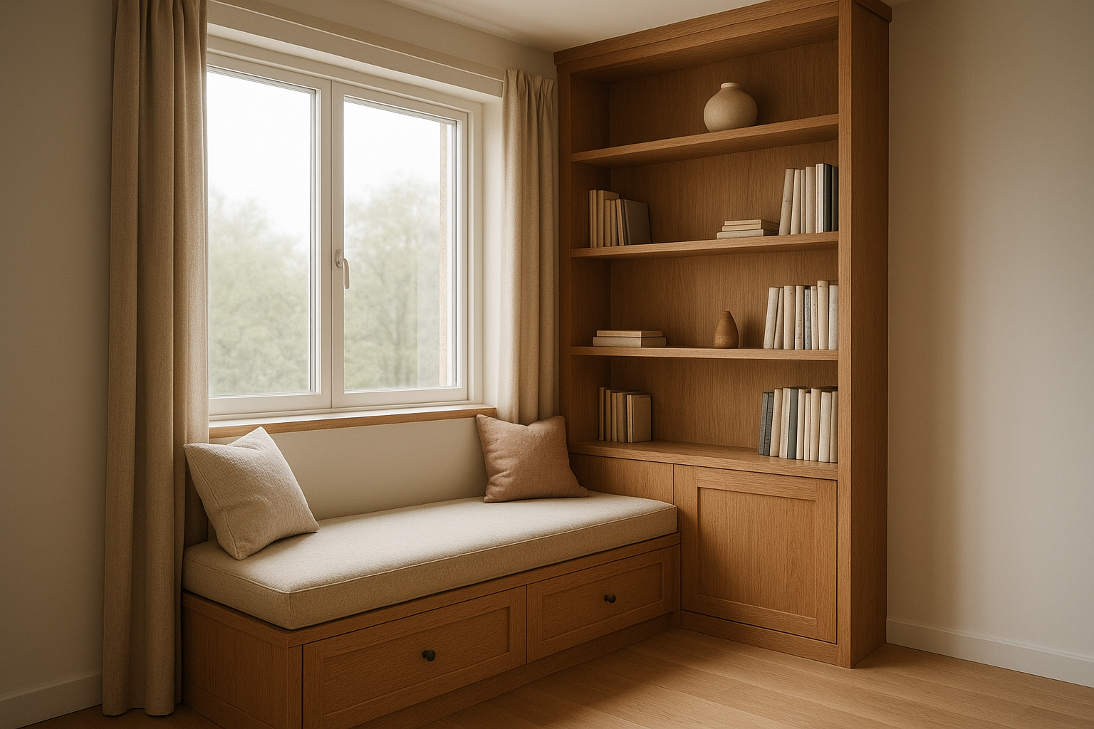 Finished window seat with built-in storage crafted for a compact ADU layout