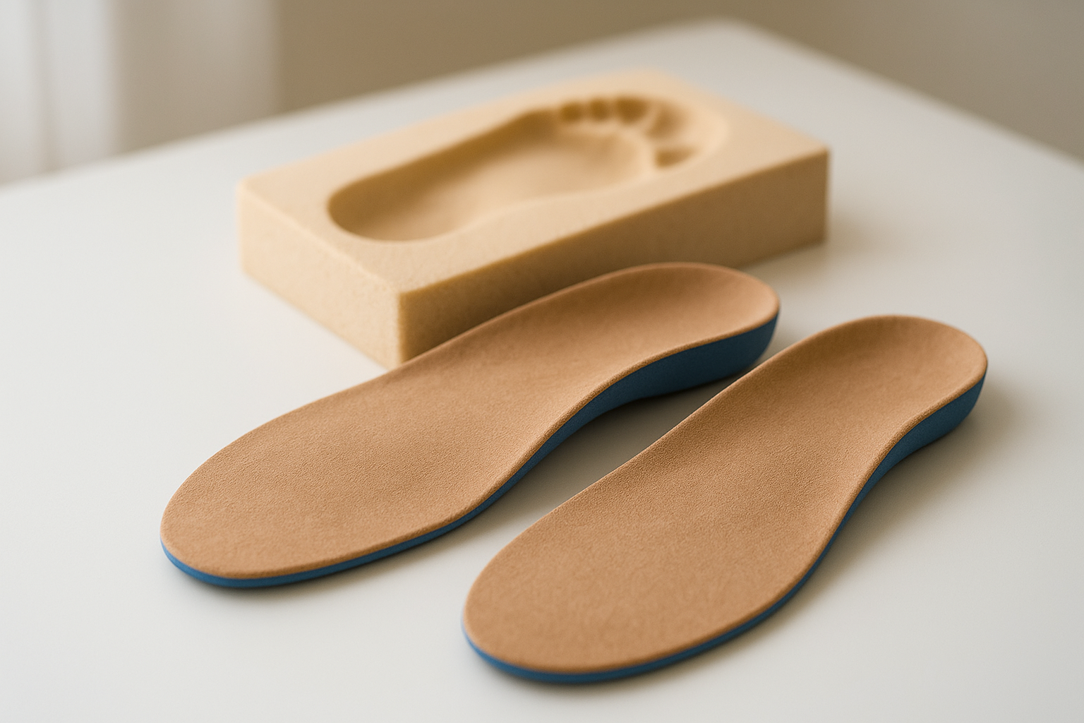 Affordable custom orthotics next to a foam foot impression mold on a white surface