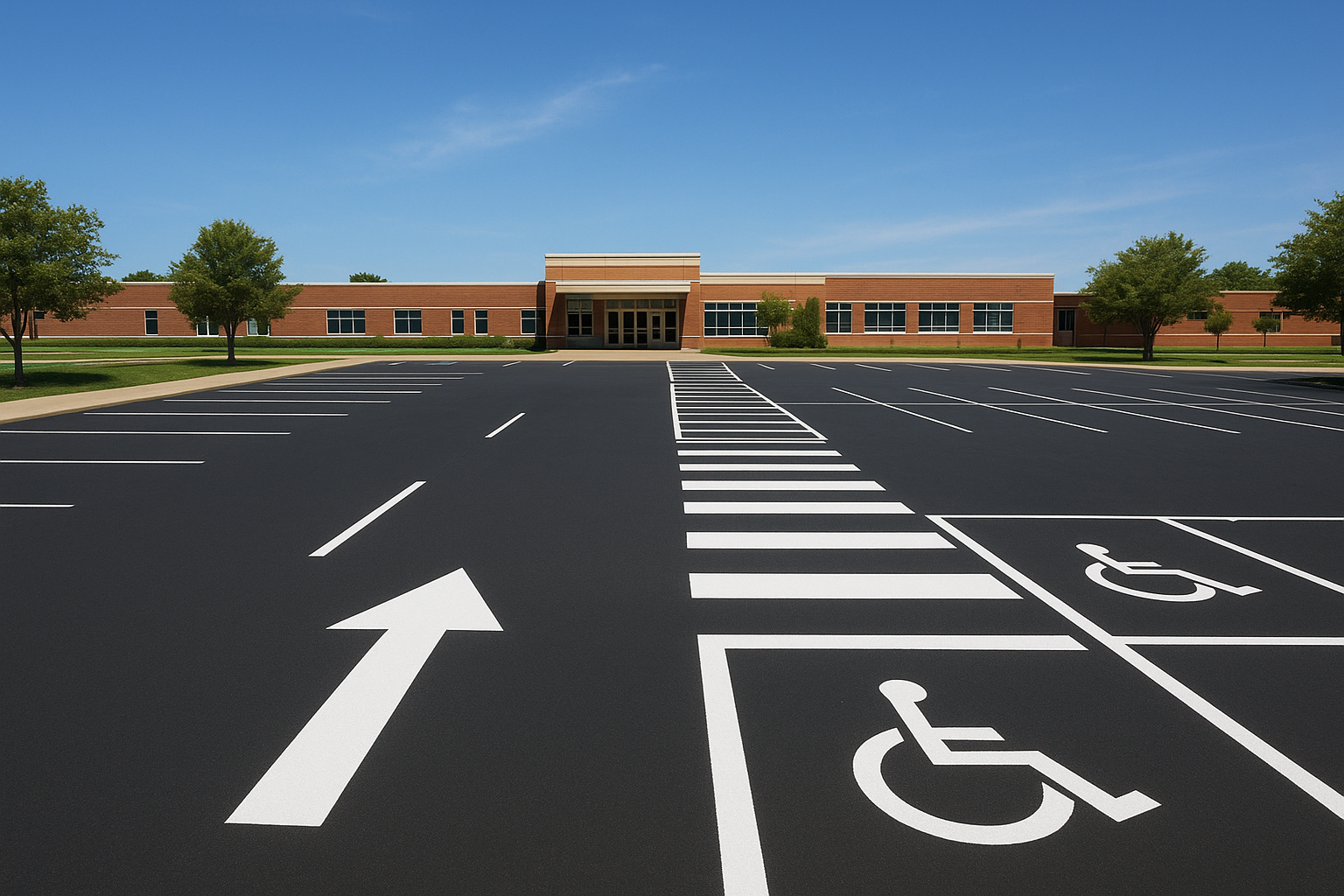 Newly painted parking lot markings including directional arrows and crosswalk at a school property