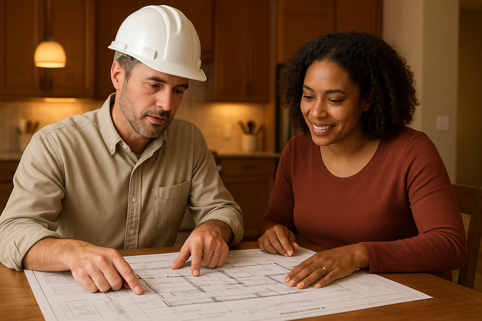 Contractor and homeowner reviewing ADU building plans for a Riverside County ADU project