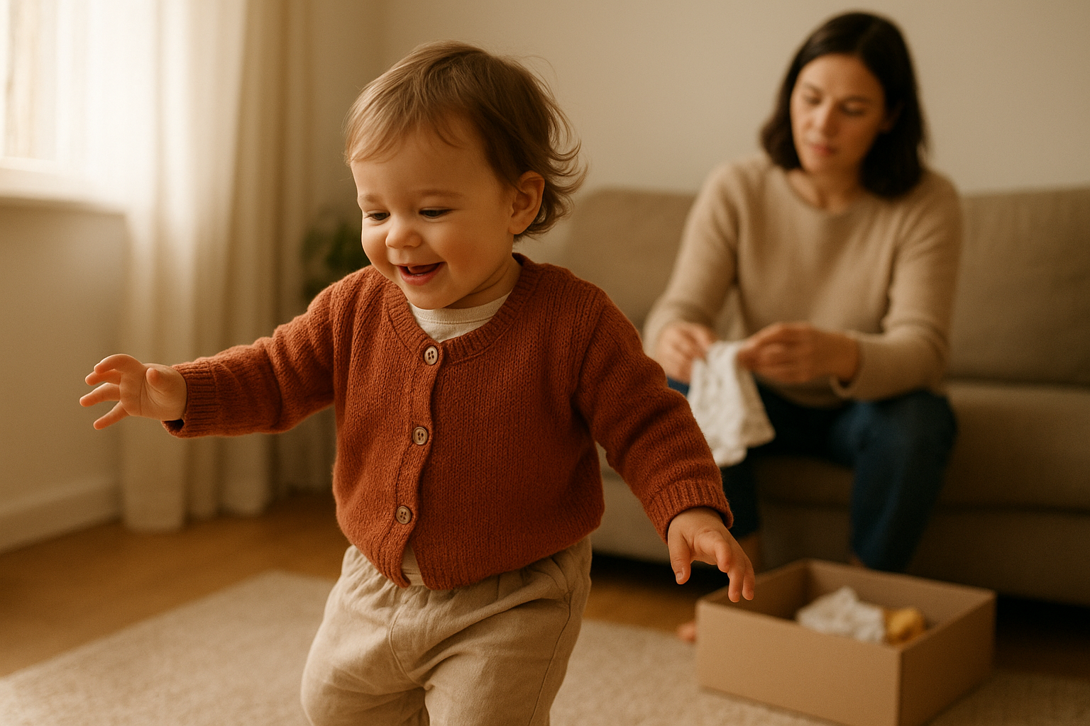 Toddler wearing clothing from a rotating rental wardrobe while a parent prepares a return box
