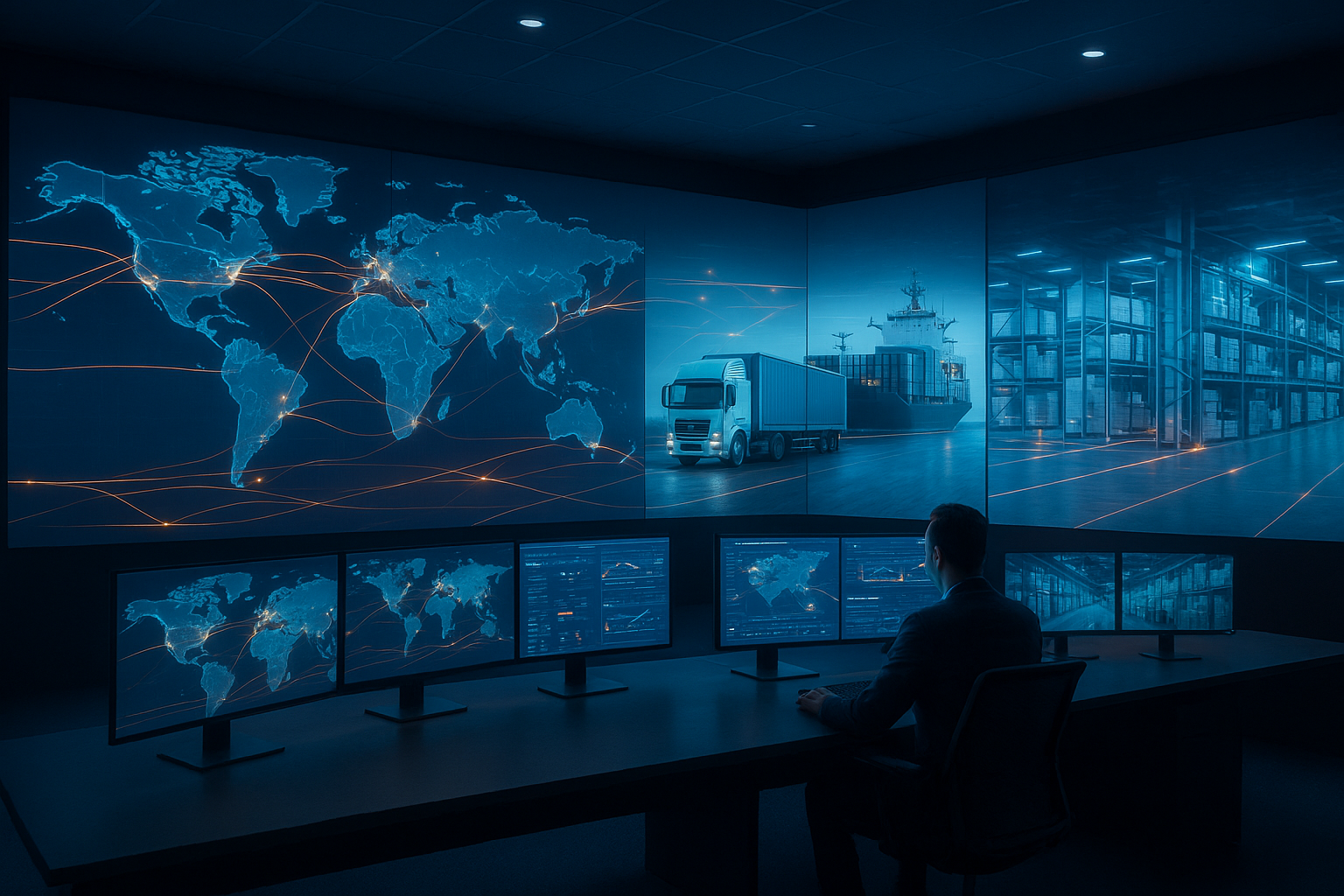 Control tower dashboard representing a 4PL managing global freight and supply chain data