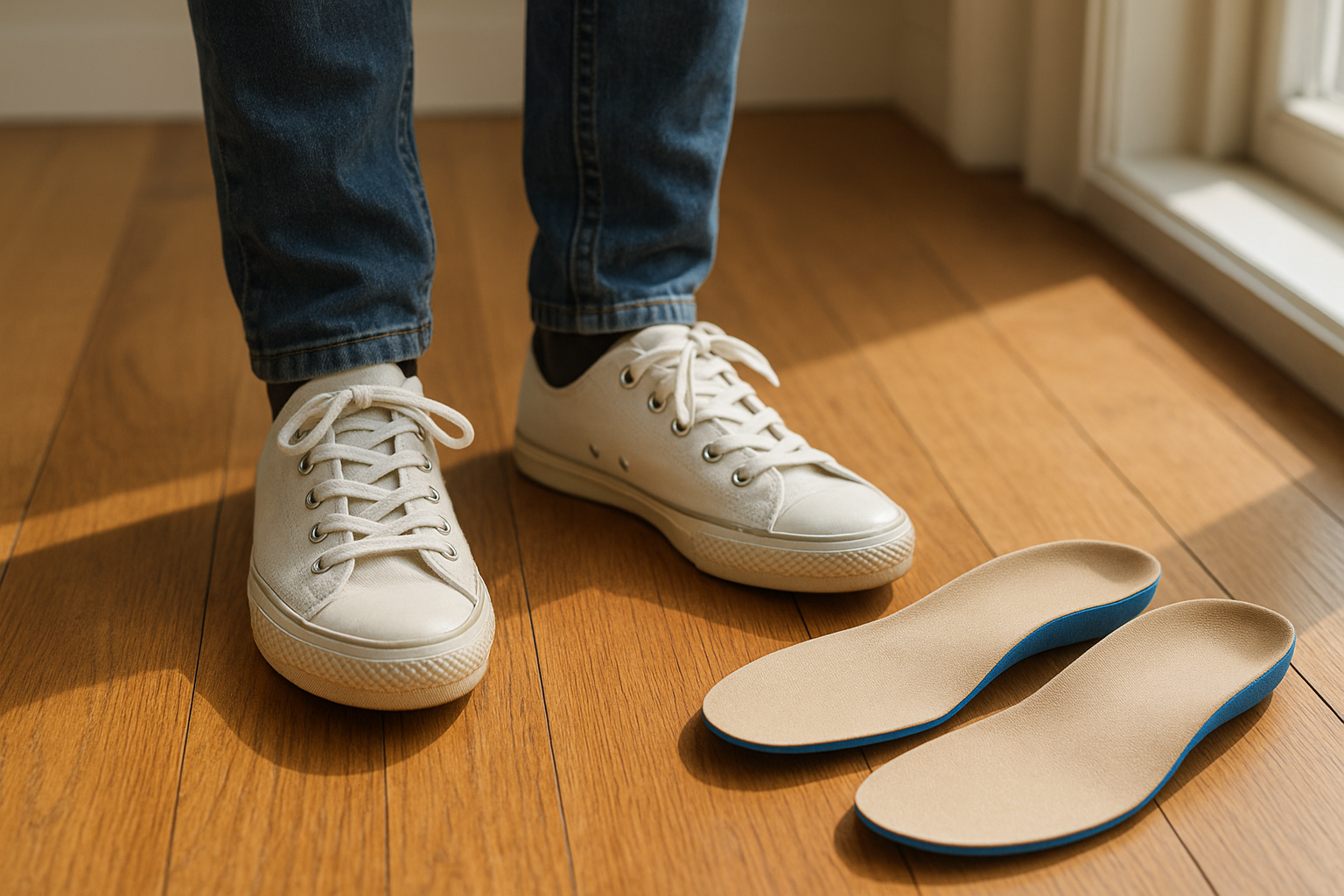 Person wearing shoes fitted with tailored orthotic devices for all-day comfort