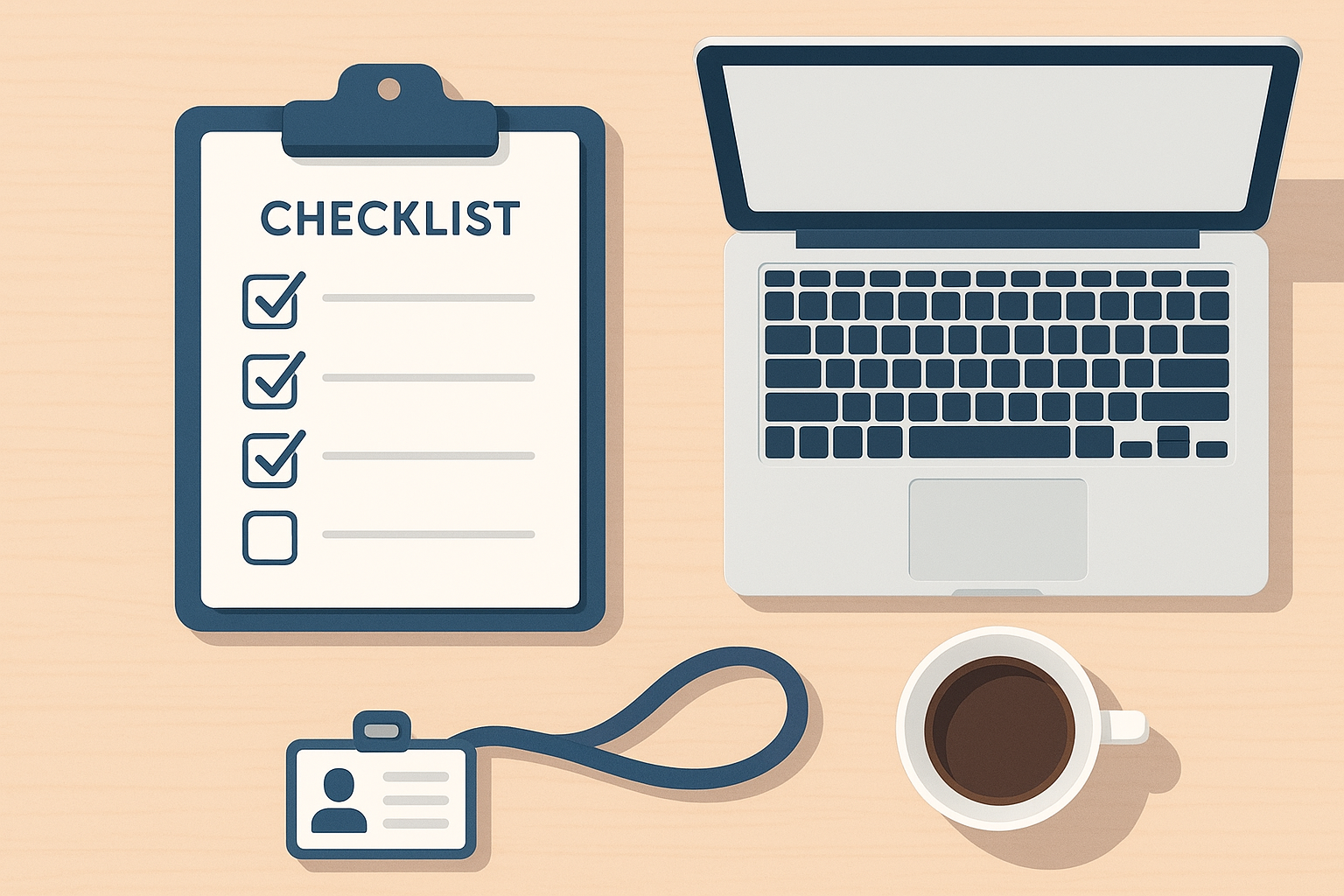 New hire onboarding checklist with laptop and badge representing a structured onboarding process