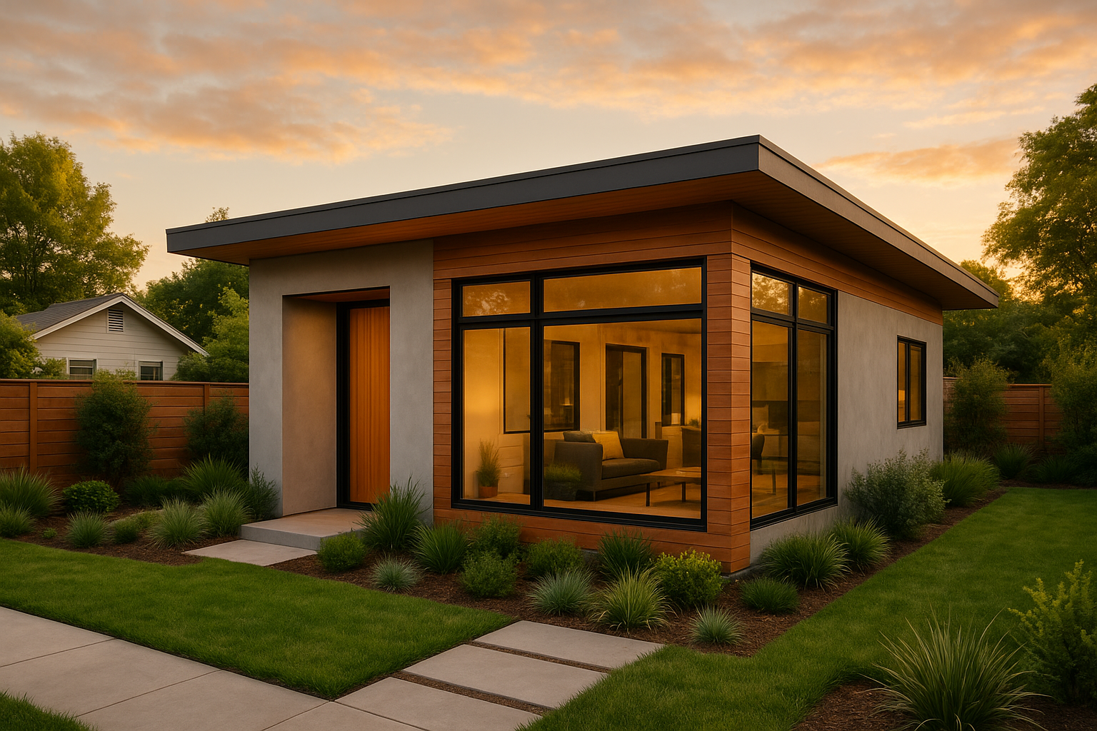 Modern 800 sq ft detached ADU exterior with wood accents and landscaped yard