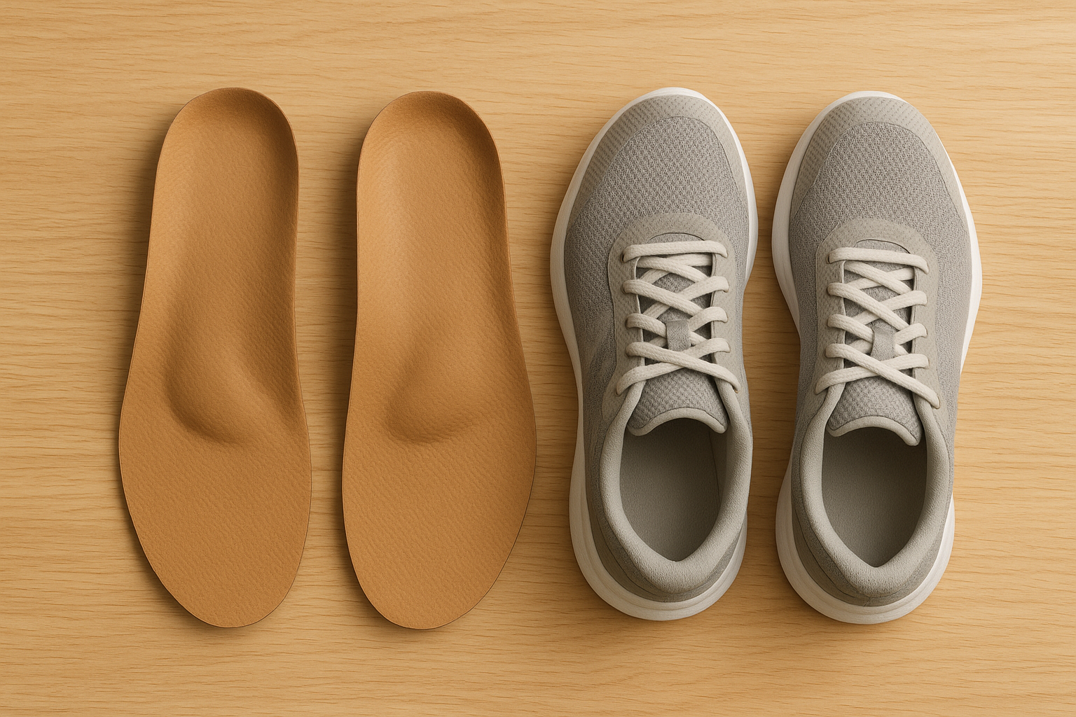 Custom orthotic insoles designed with podiatrist approved arch support placed beside athletic shoes