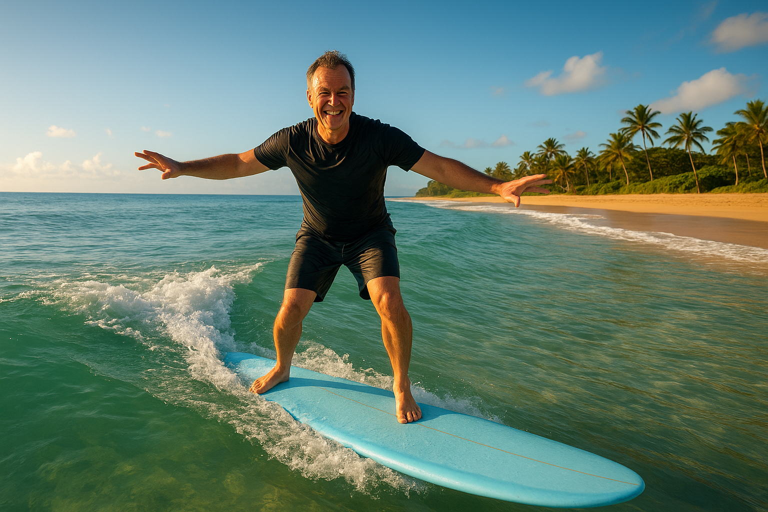 Adult beginner riding a wave during adult surf lessons Hawaii