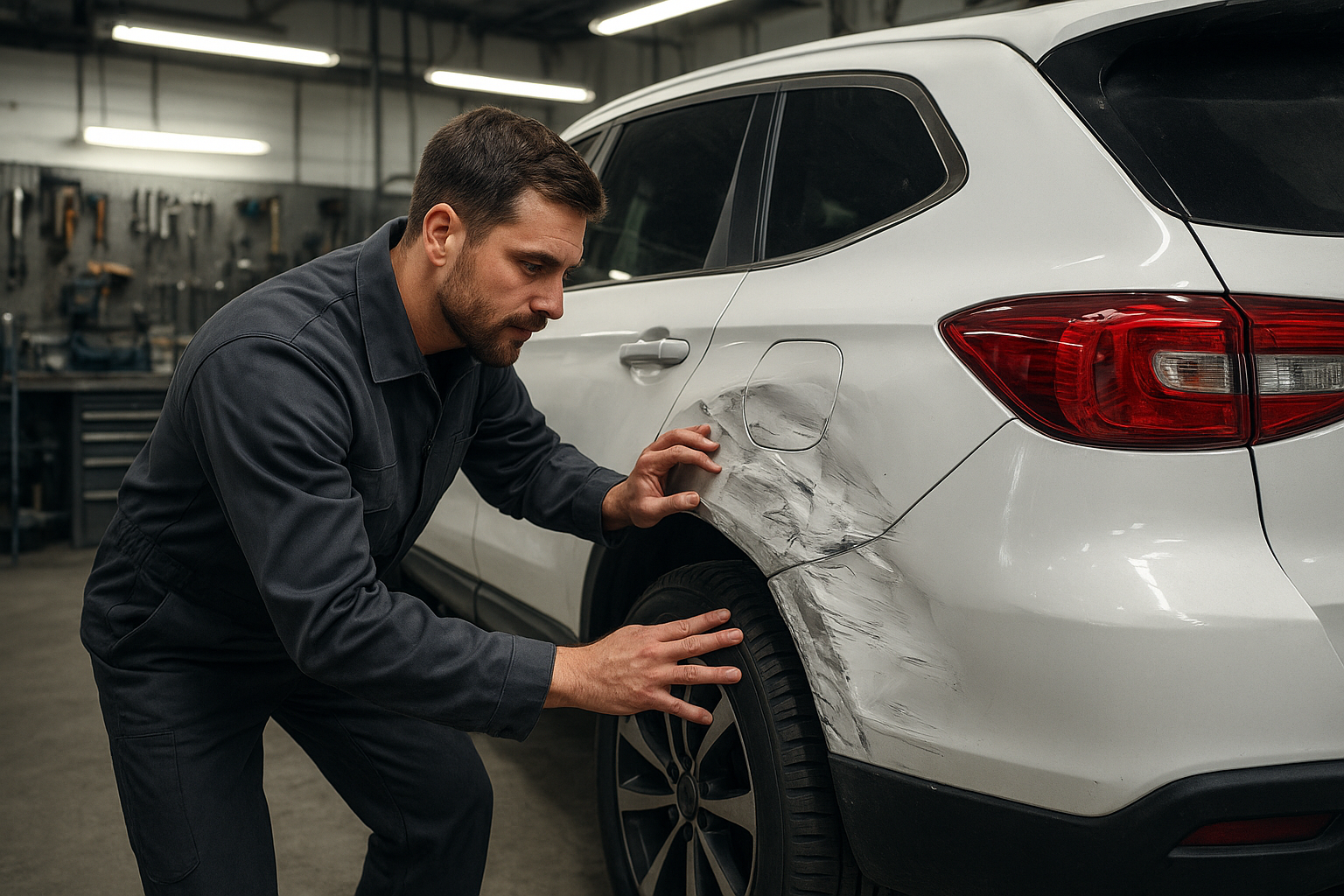 auto body technician inspecting collision damage during a repair at a local body shop