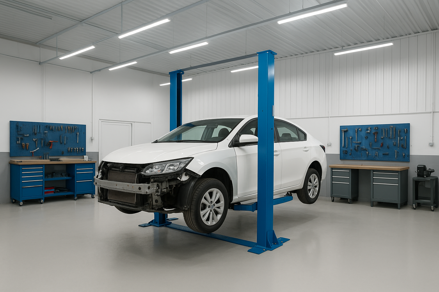 Interior of an auto body shop offering Brea auto care services with a vehicle on a repair lift