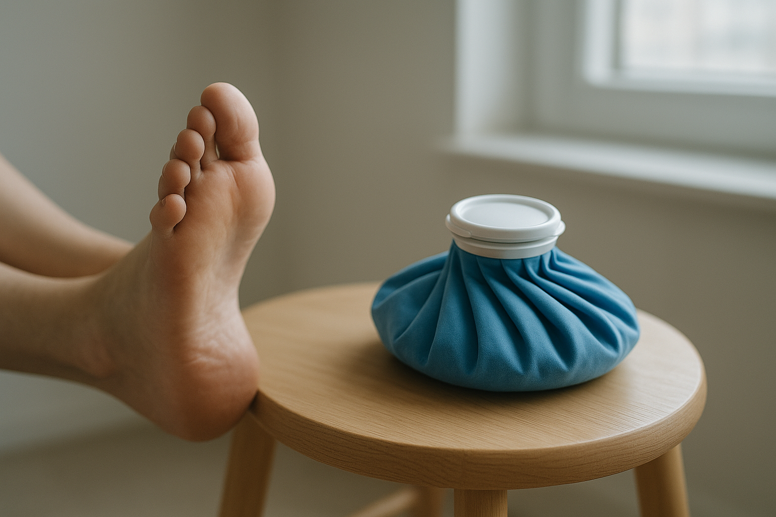 Person applying an ice pack as part of foot pain therapies for arch discomfort