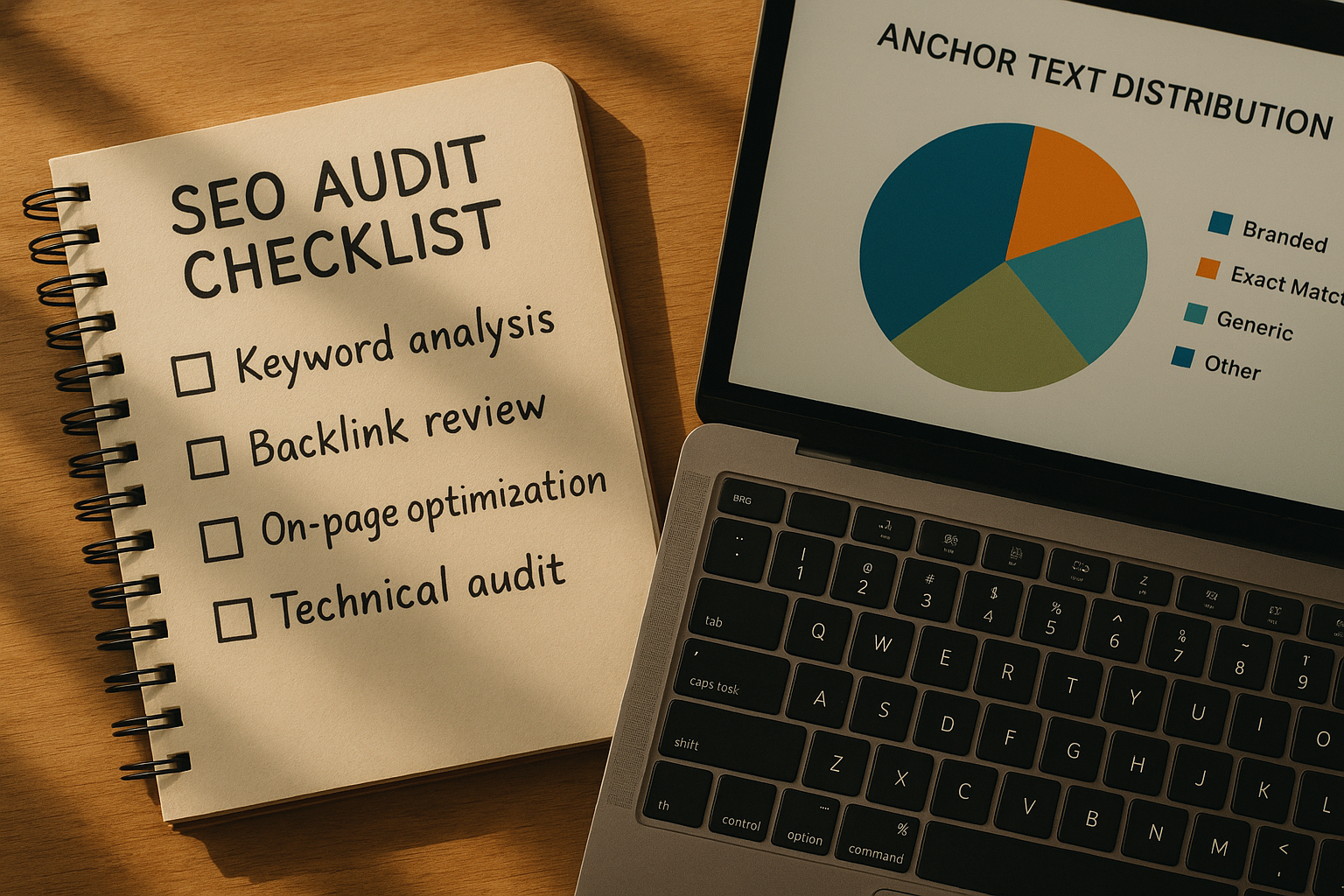 SEO audit checklist notebook beside a laptop showing anchor text distribution charts for a link profile review