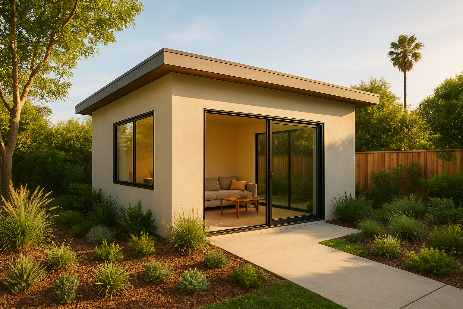 Newly built detached ADU in a Southern California backyard with modern design and landscaping