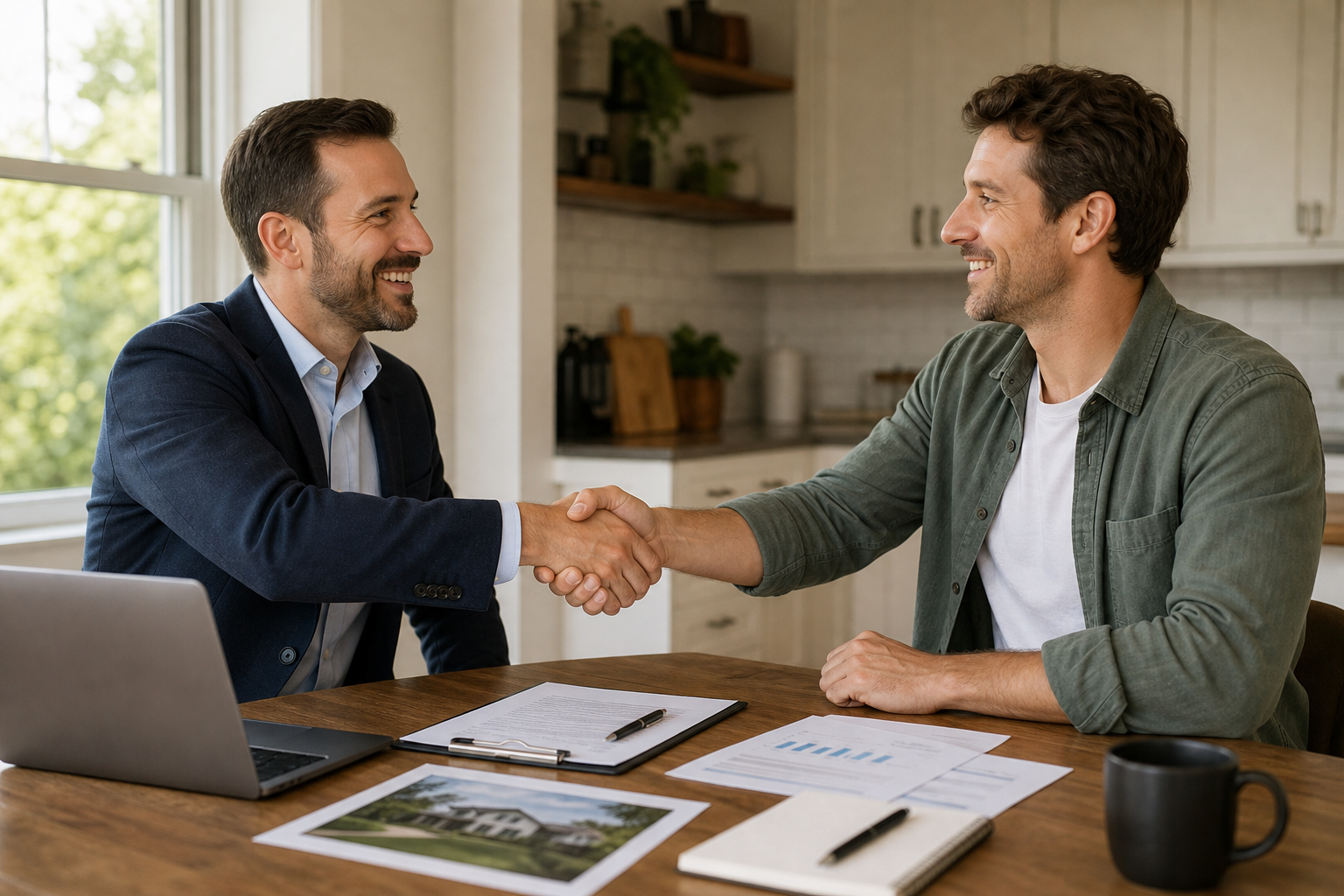 Investor and homeowner shaking hands at a kitchen table after agreeing on an offer