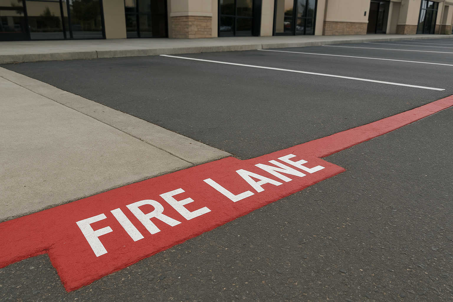 Red fire lane curb marking painted along a retail center parking lot