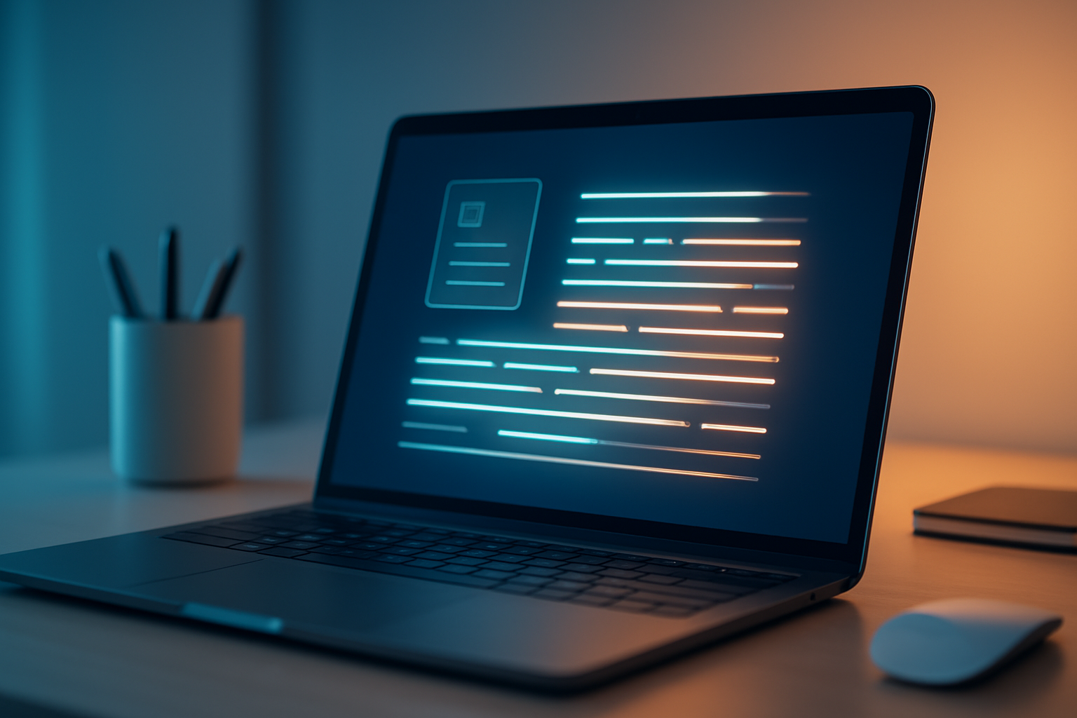 Laptop screen showing AI automated content creation interface generating a draft article