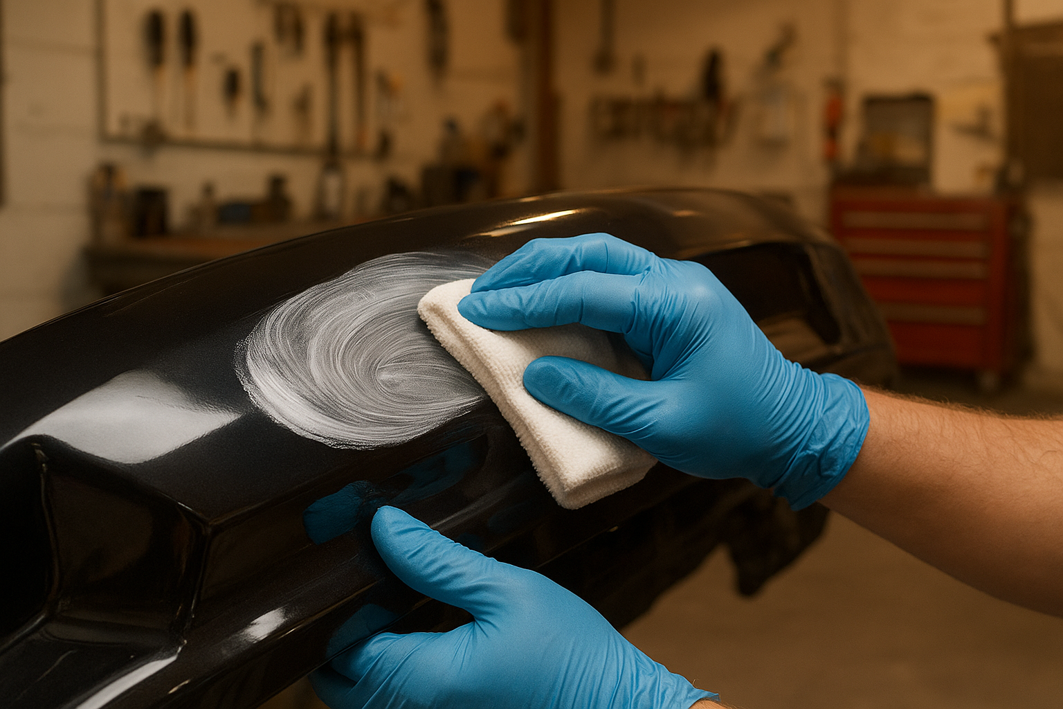 Hands applying polishing compound to a car bumper during a DIY bumper scuff removal process