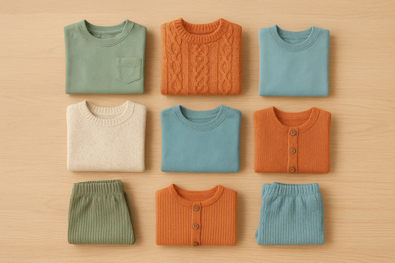 Flat lay of seasonal children's clothing items included in a kids wardrobe rental bundle