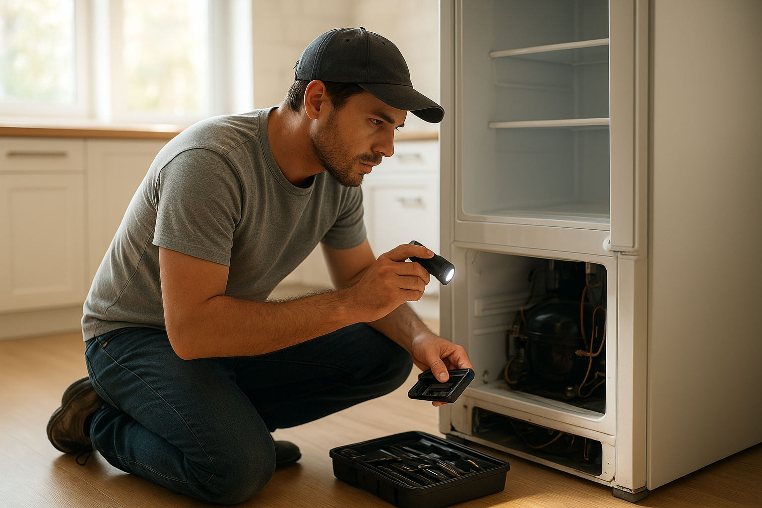 Technician performing budget appliance repair on a home refrigerator