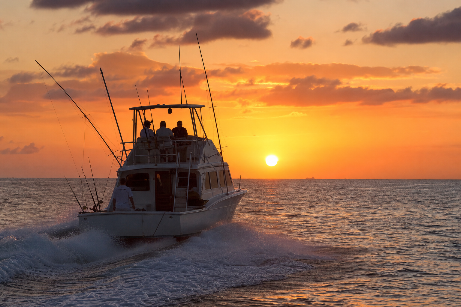 Charter boat heading toward open water at dusk during a seasonal offshore fishing trip