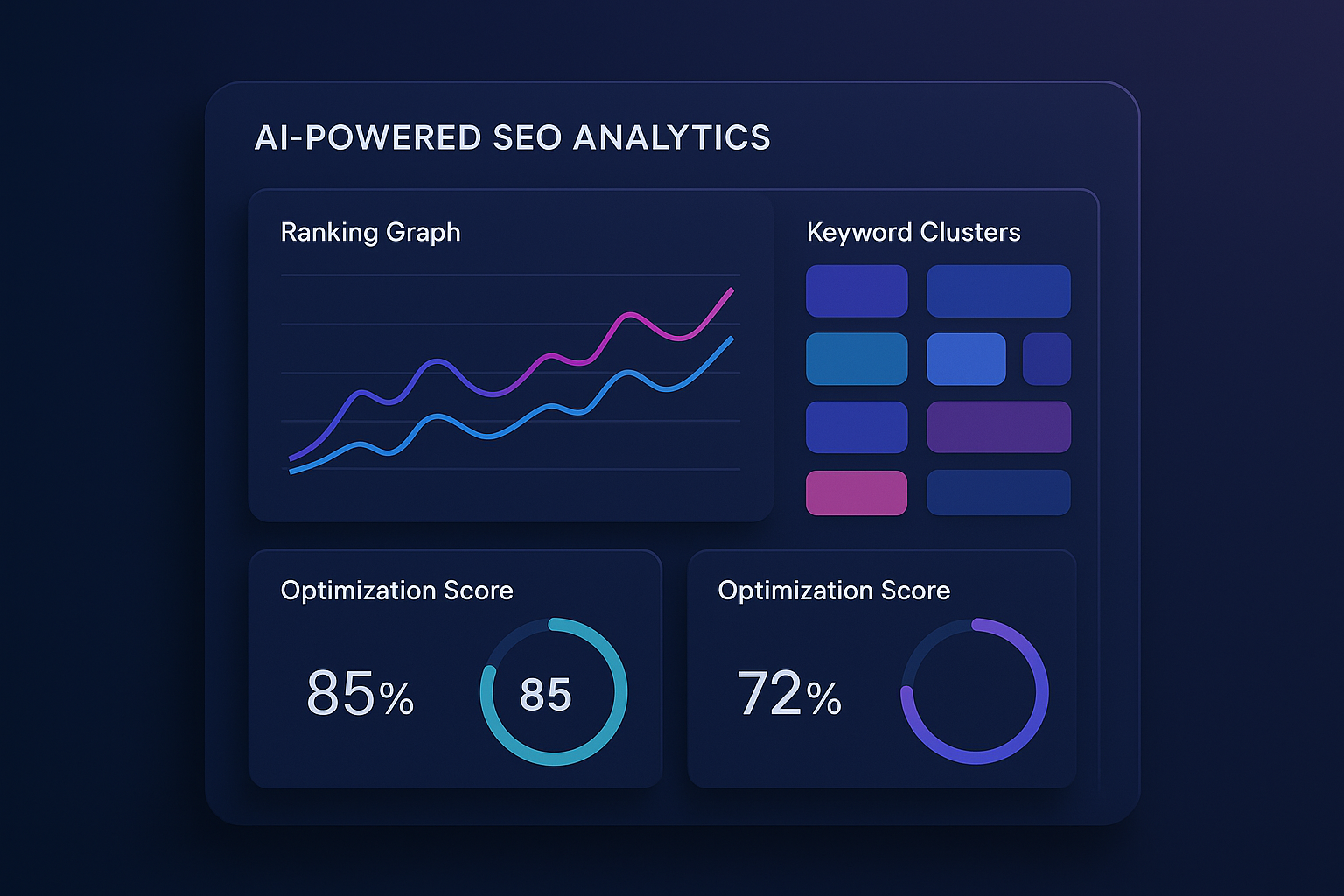 Intelligent SEO tools dashboard showing AI-powered ranking graphs and keyword optimization scores