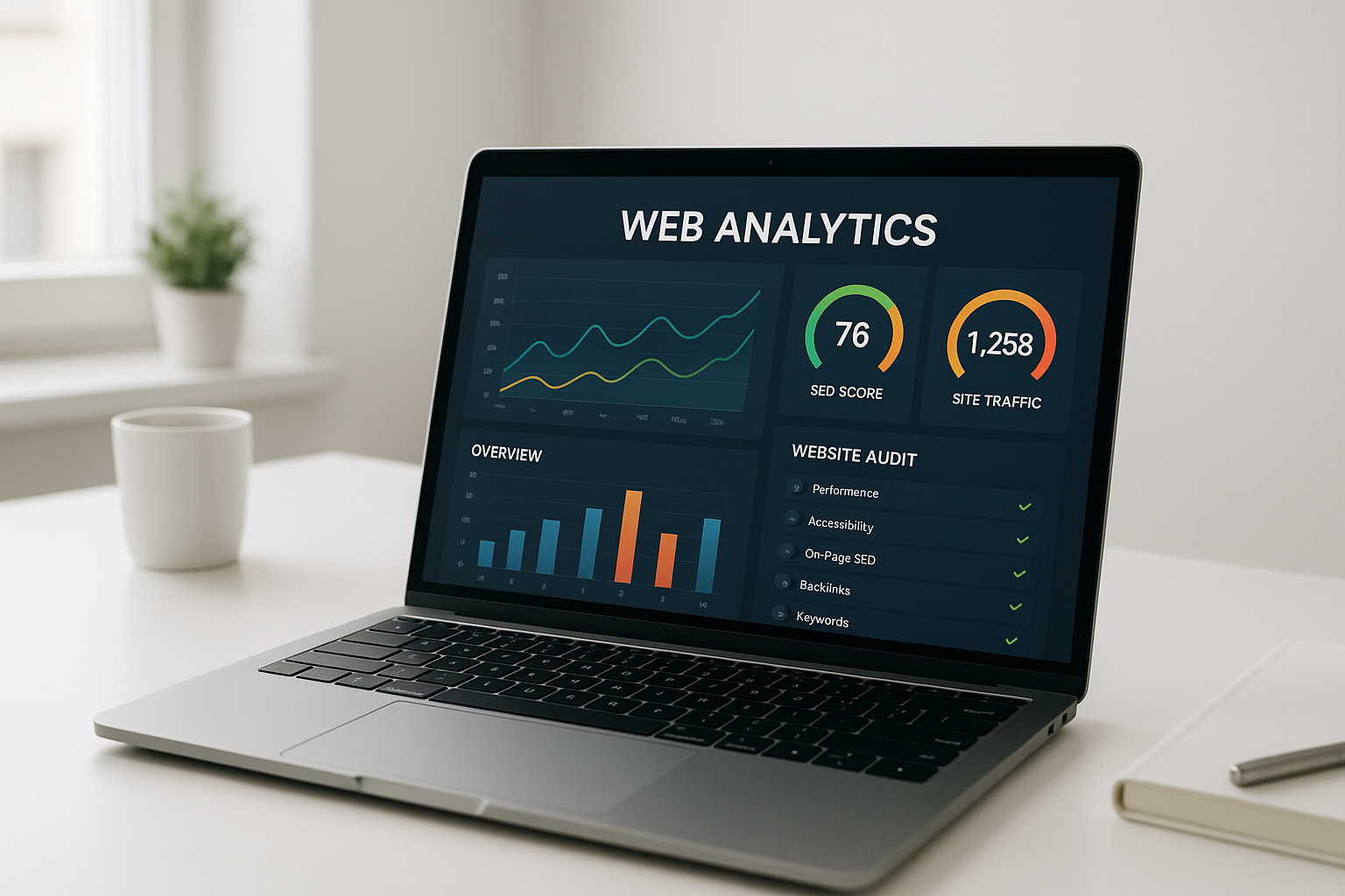 Free SEO tester dashboard displayed on a laptop showing audit scores and site health metrics