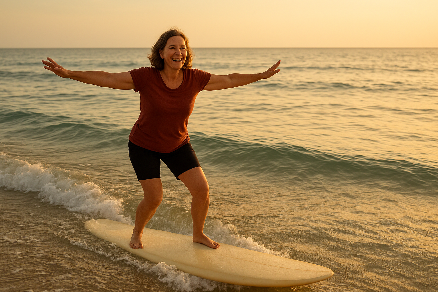 Middle-aged woman successfully standing on a surfboard riding a gentle wave near shore during a surf lesson