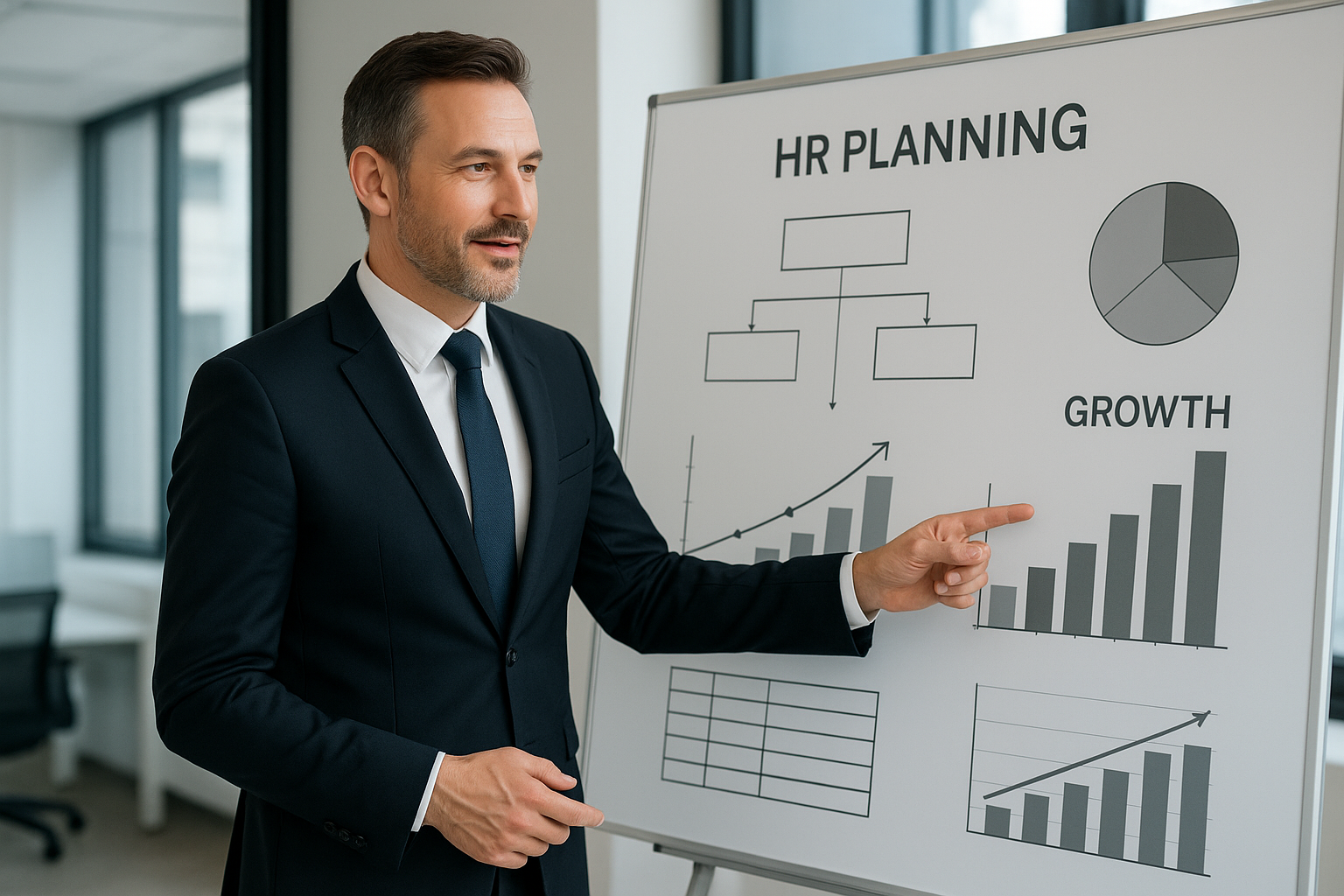 Business leader planning HR strategy for small business growth with charts on whiteboard