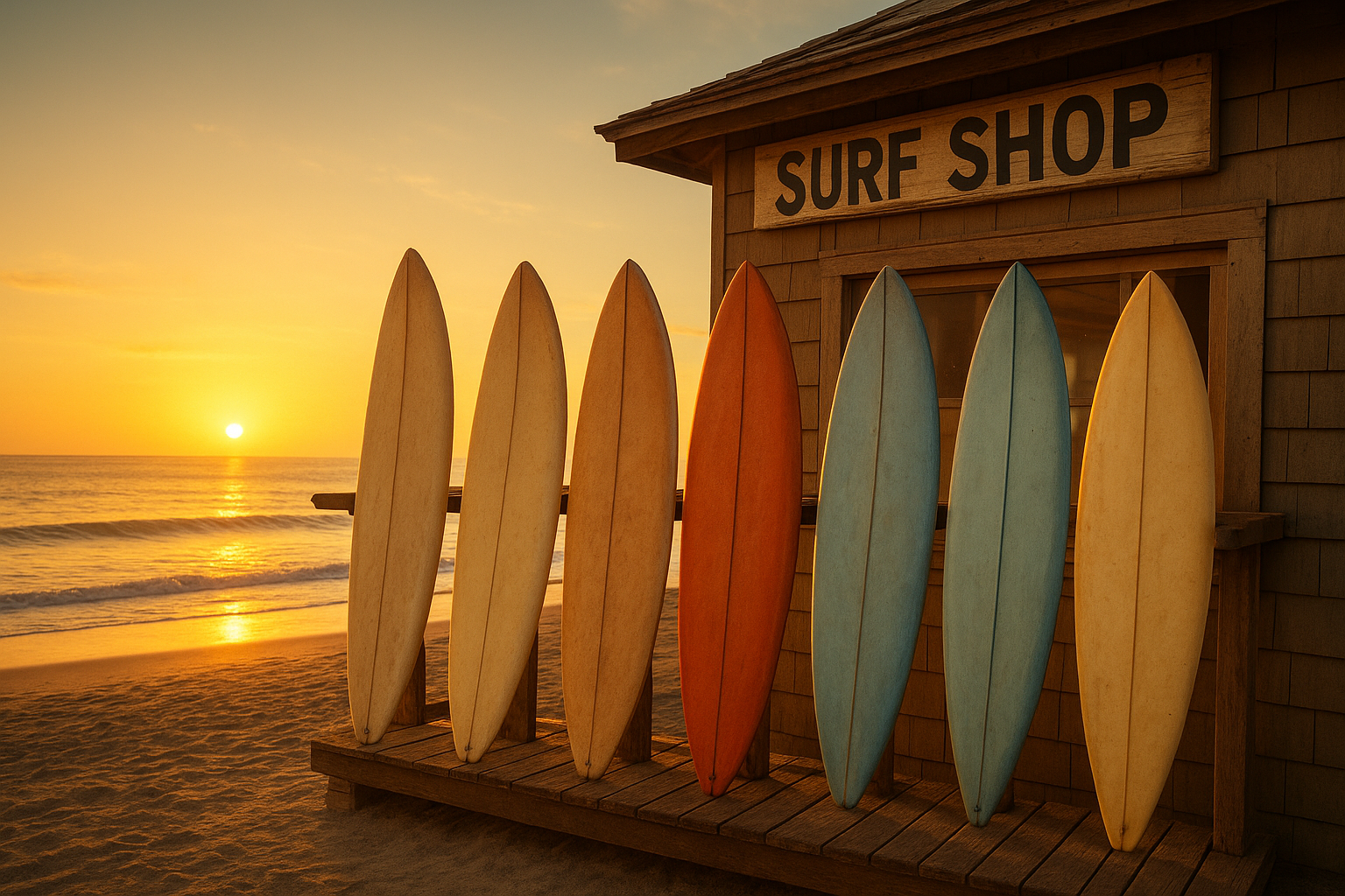 Surfboards drying on a rack outside a Hawaii surf shop after a maintenance workshop