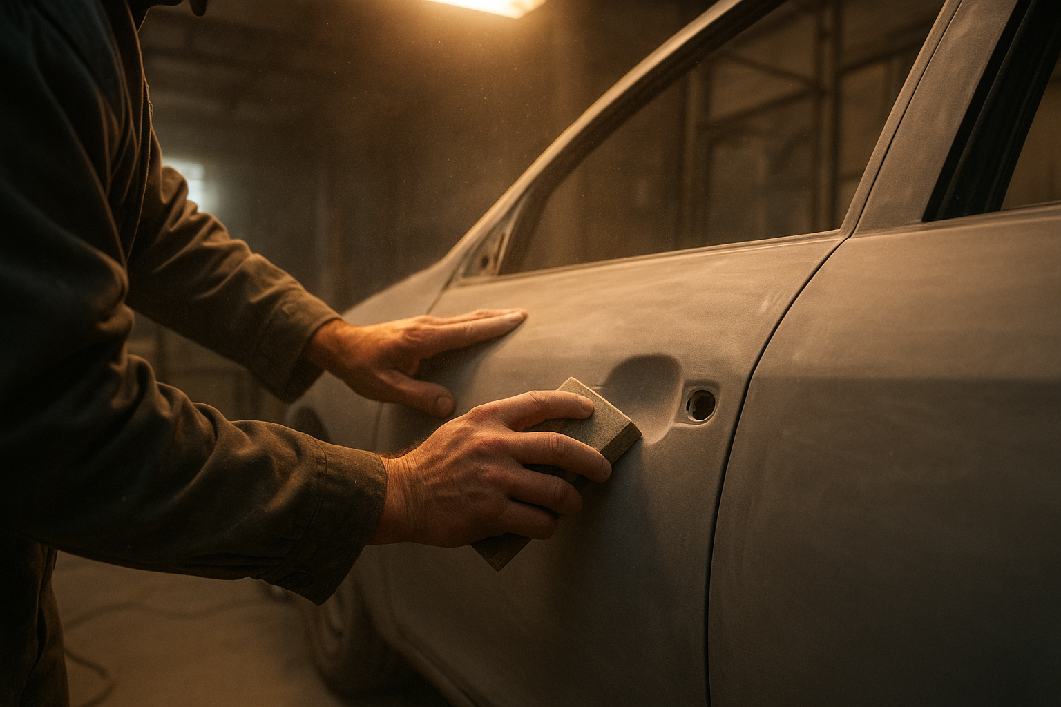 Auto body technician sanding a car door panel during a paint and body repair