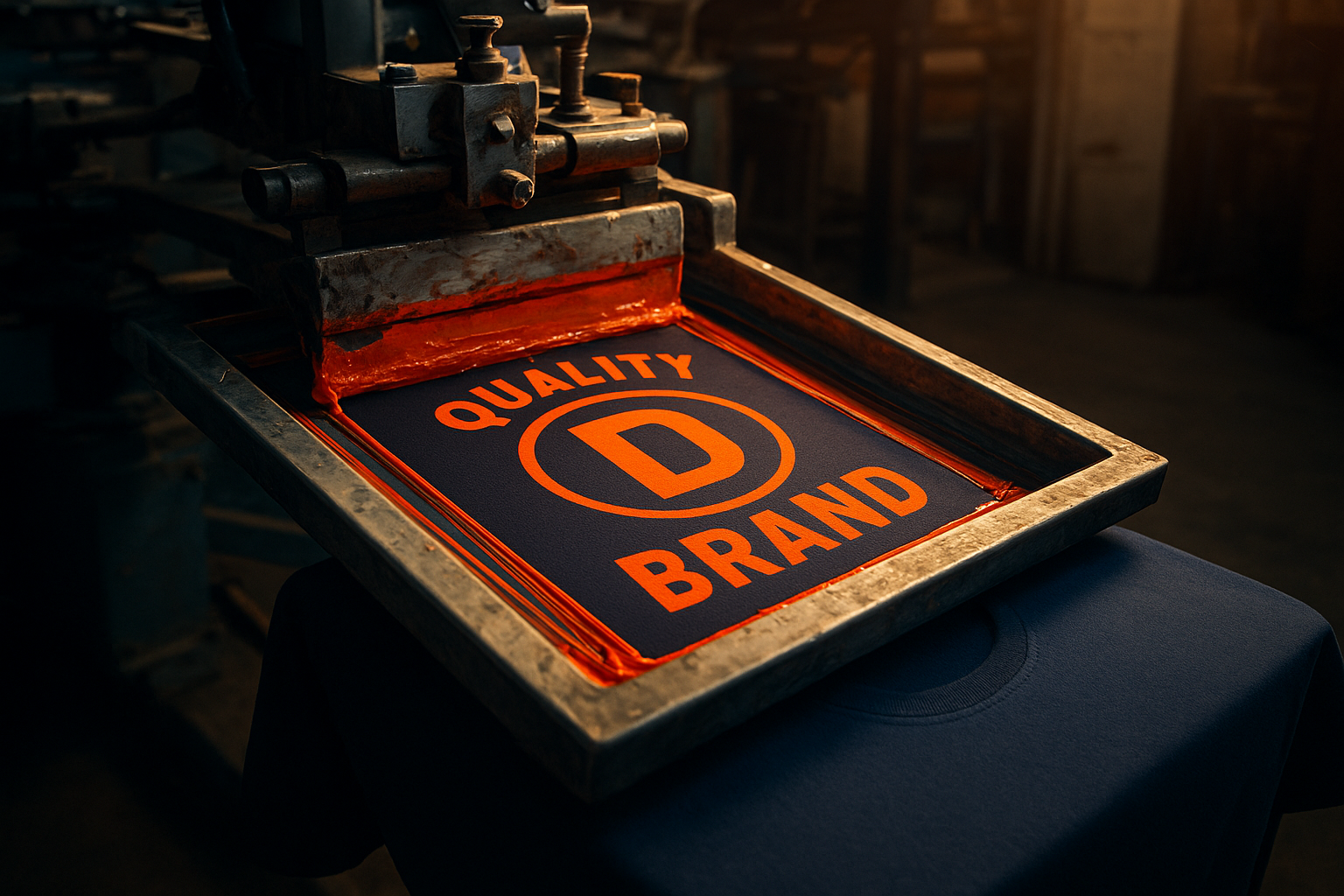 Screen printing press applying a bold design onto a custom fashion item