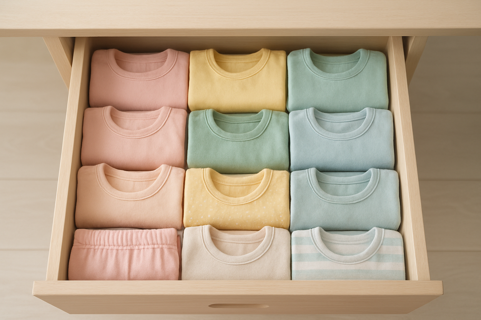 Organized children's wardrobe with neatly folded kids clothing rental items in pastel colors
