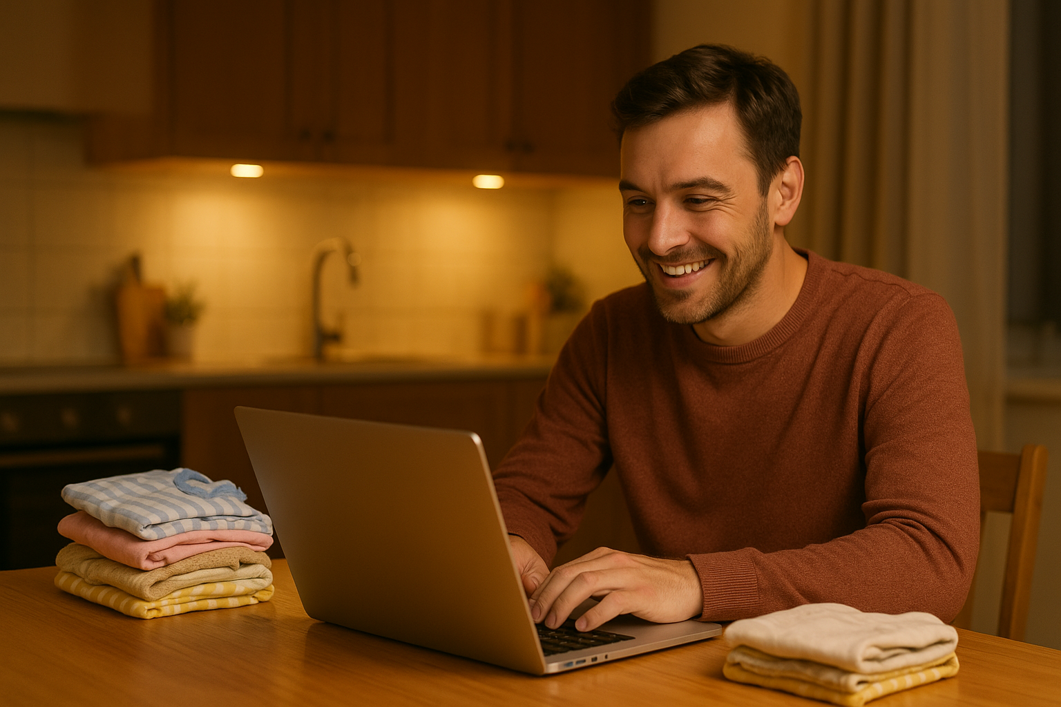 Parent shopping children's clothing sales online from home on a laptop