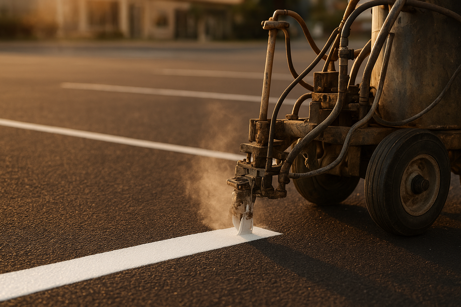 Parking lot striping machine applying fresh white paint lines on asphalt during a professional restriping project