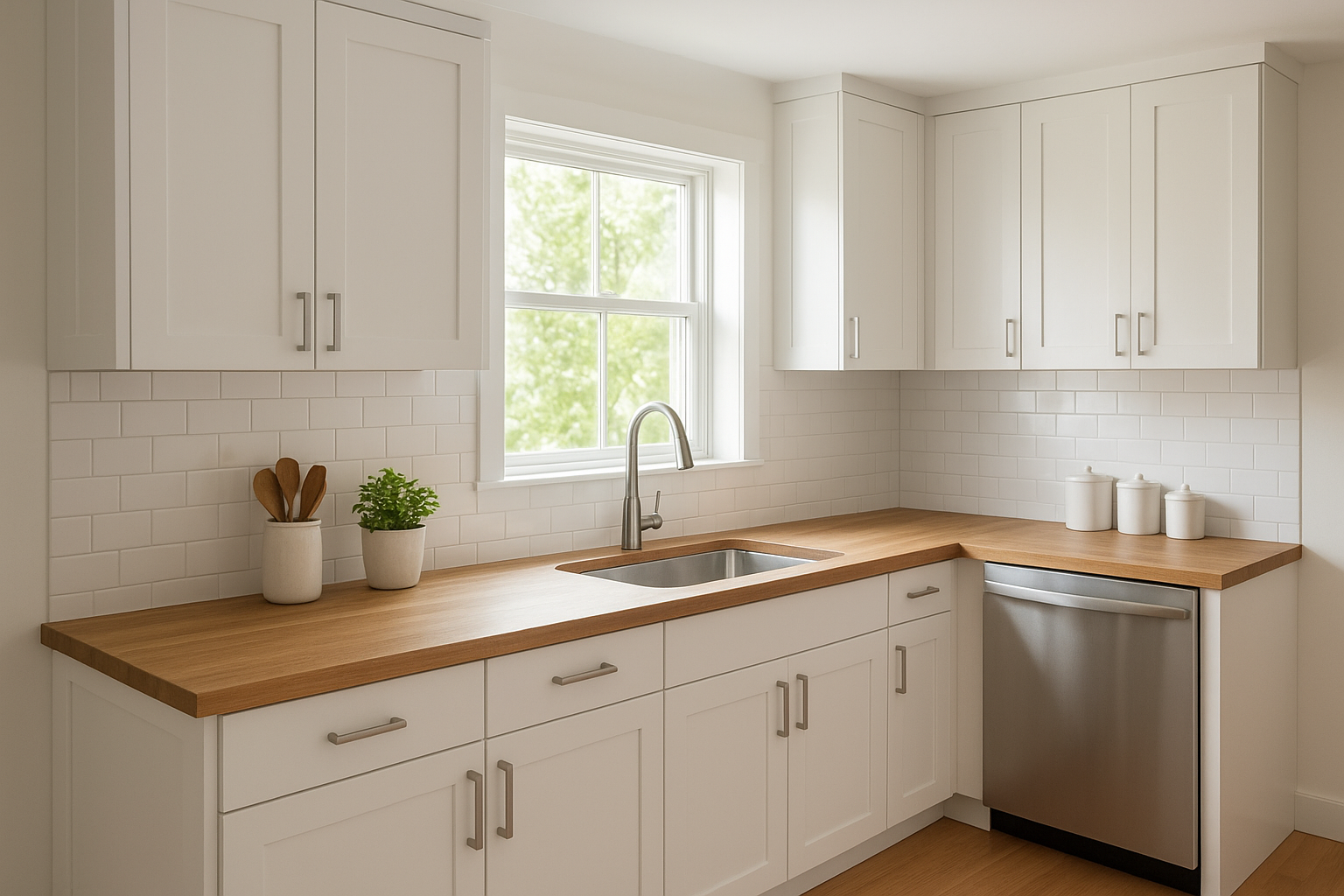 Bright modern kitchen showcasing kitchen cabinet design solutions with white shaker doors and wood countertops