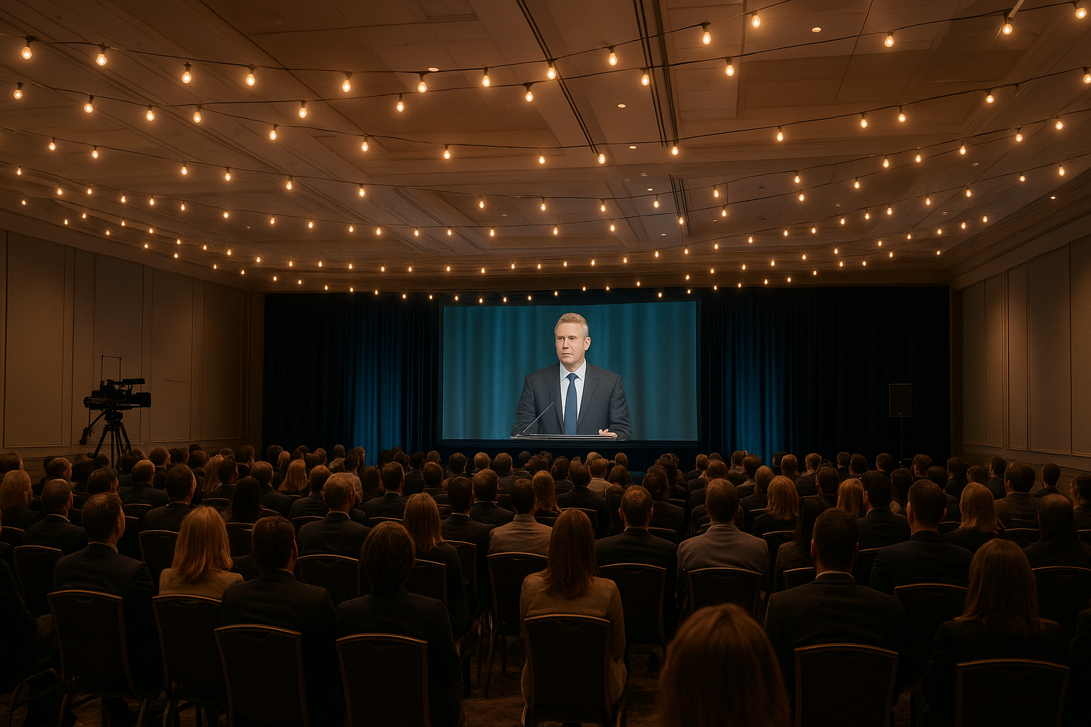 Corporate banquet hall displaying a live stream feed powered by professional streaming equipment for events
