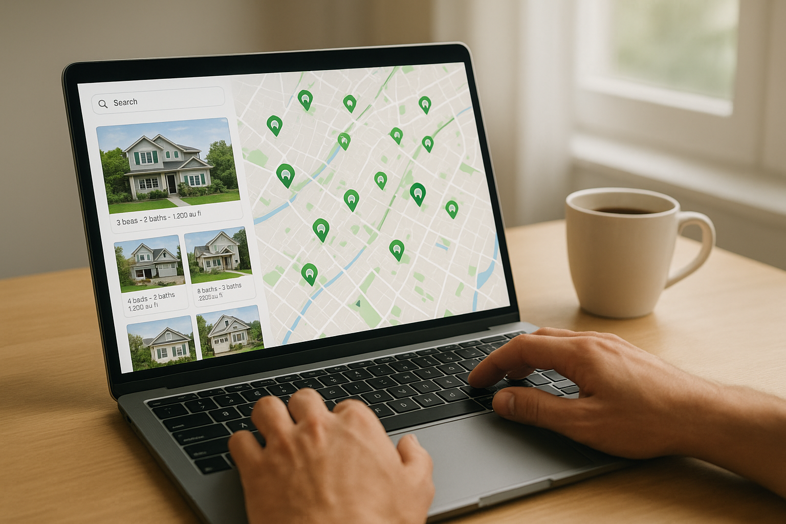 Home buyer researching local real estate listings on a laptop