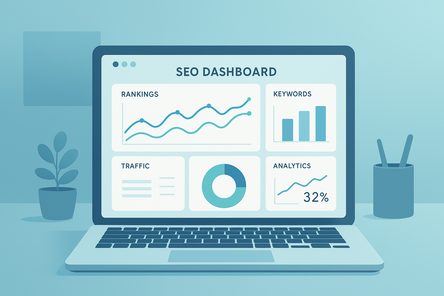 Laptop screen showing an automated content ranking tool dashboard with SEO analytics graphs