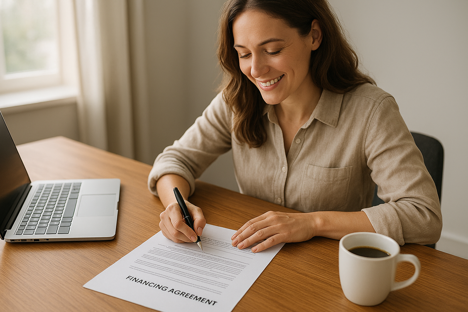 Small business owner signing a loan agreement at a modern office desk