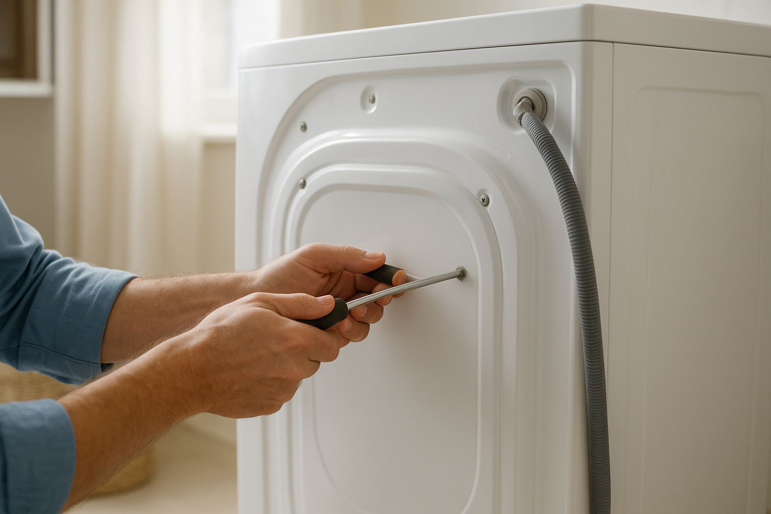 Technician performing affordable washing machine repairs on the back panel of a home washer