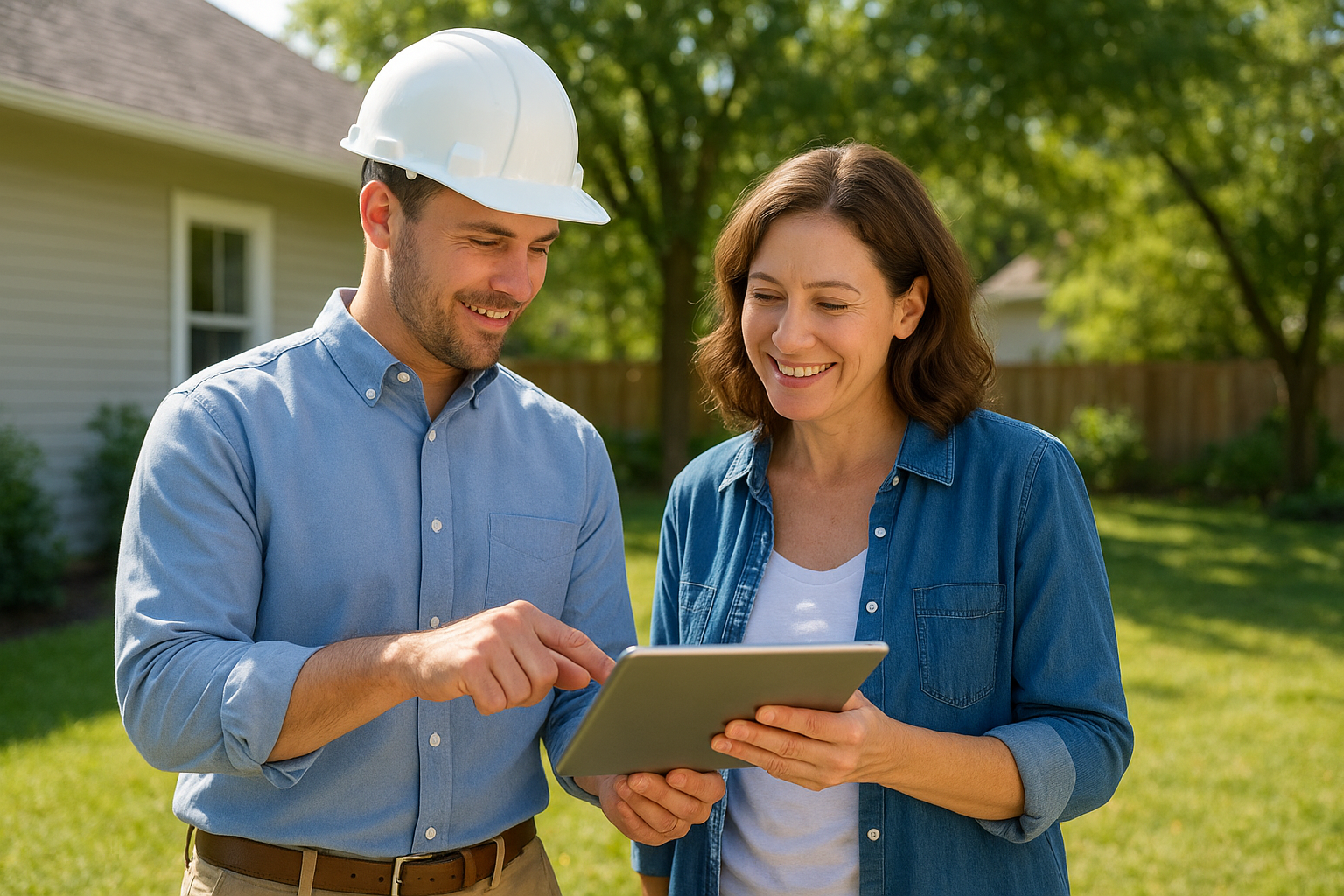Contractor and homeowner reviewing accessory dwelling unit plans in a backyard