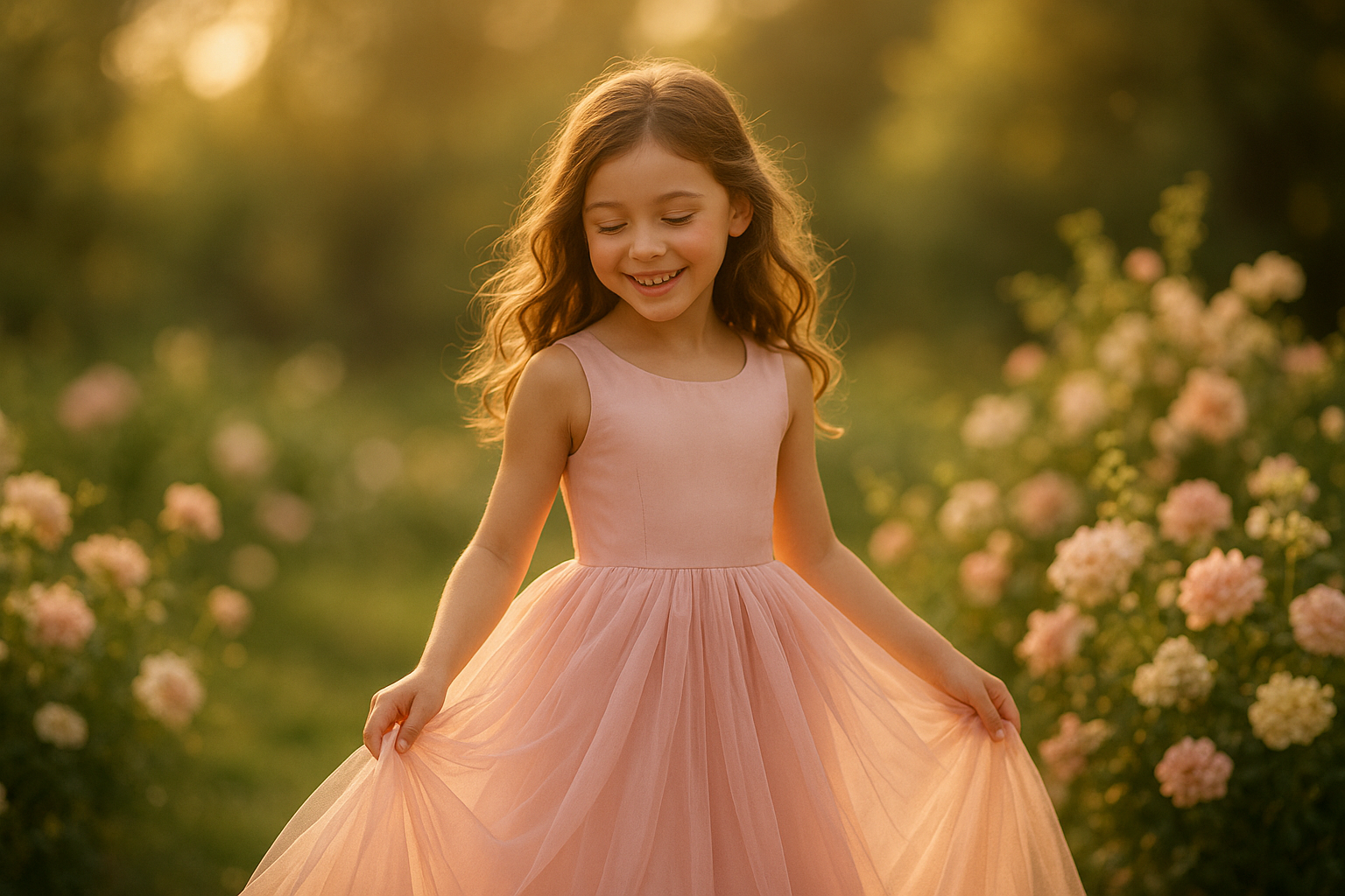 Young girl wearing a rented children's dress at a garden party occasion